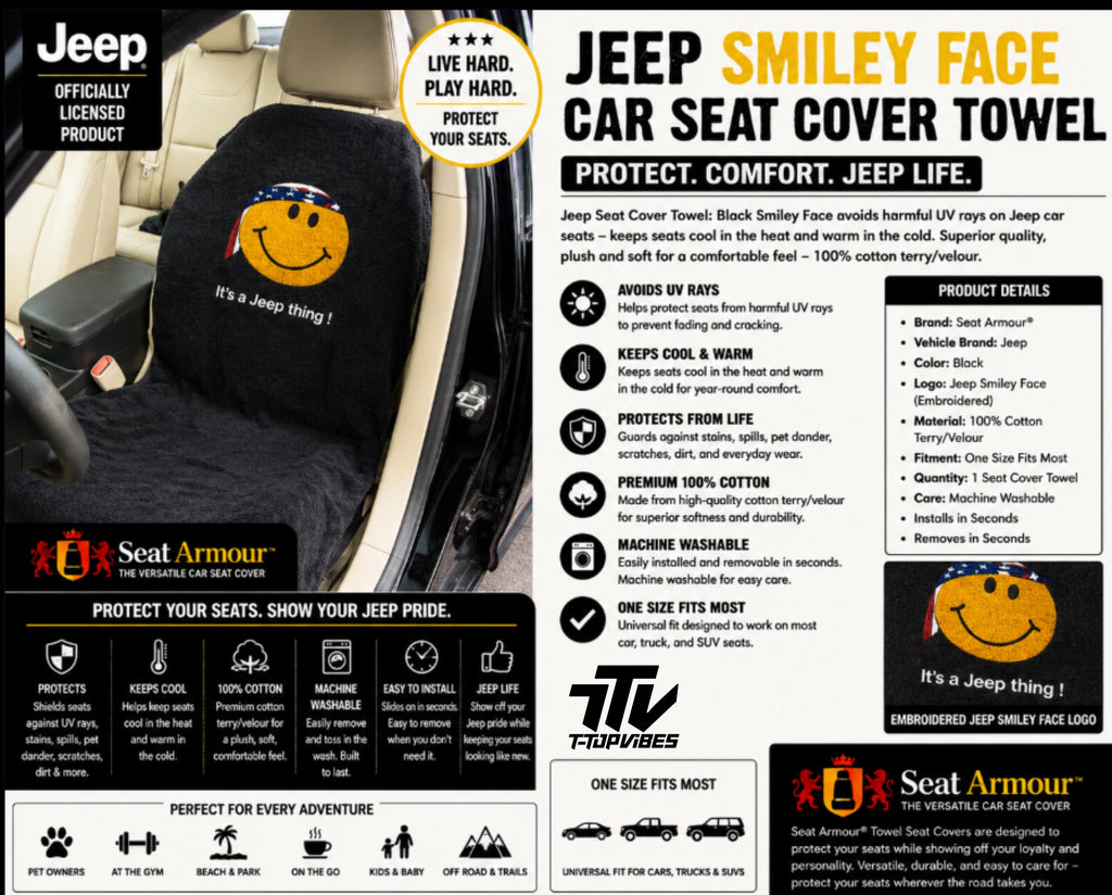 Officially Licensed Jeep Smiley Face Seat Cover | 100% Cotton Terry Velour, "It's a Jeep Thing!"