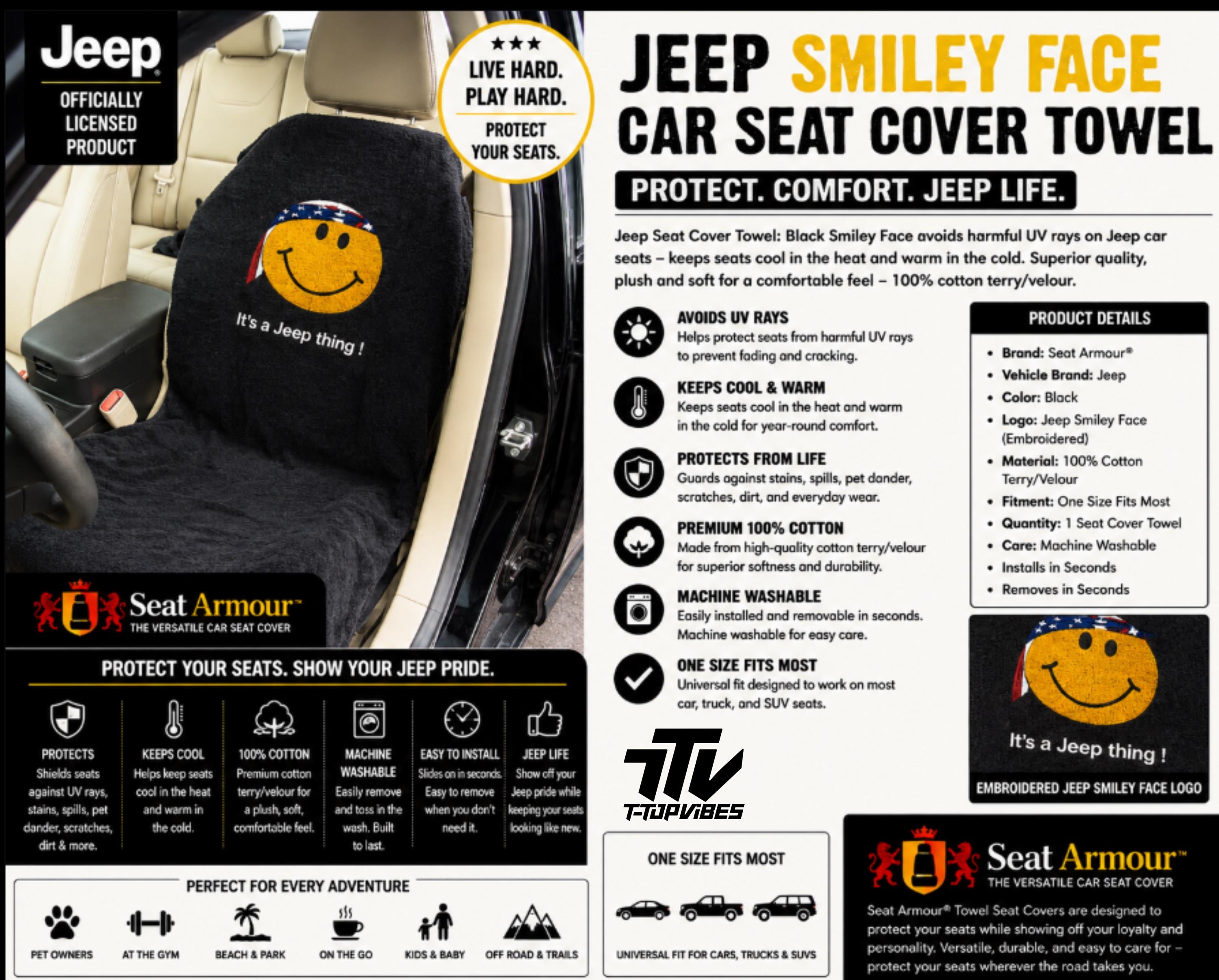 Officially Licensed Jeep Smiley Face Seat Cover | 100% Cotton Terry Velour, "It's a Jeep Thing!"