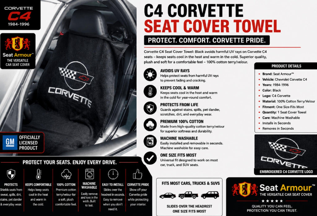 C4 Corvette Seat Cover Towel | 1984-1996 Seat Armour | Black Cotton Terry Velour