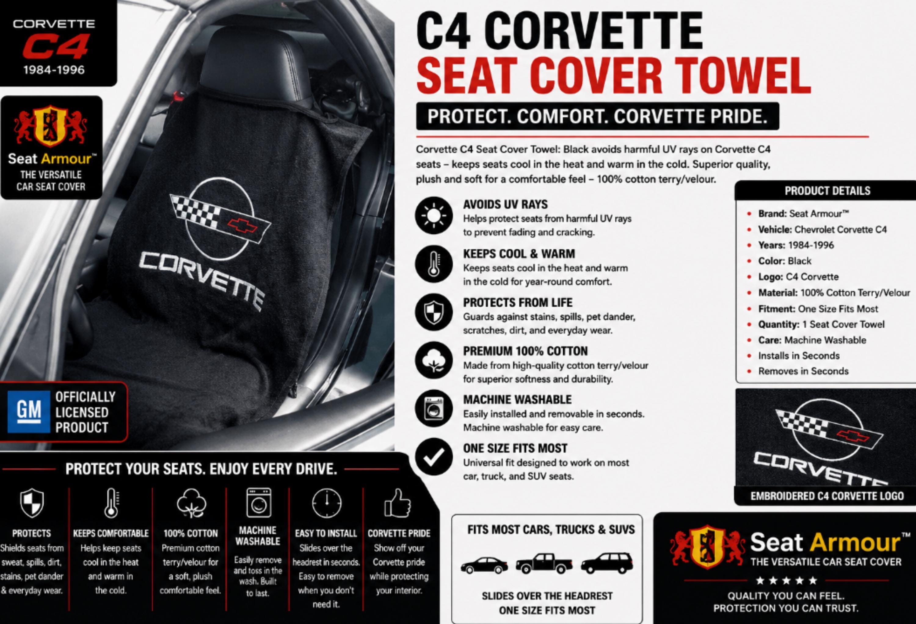 C4 Corvette Seat Cover Towel | 1984-1996 Seat Armour | Black Cotton Terry Velour