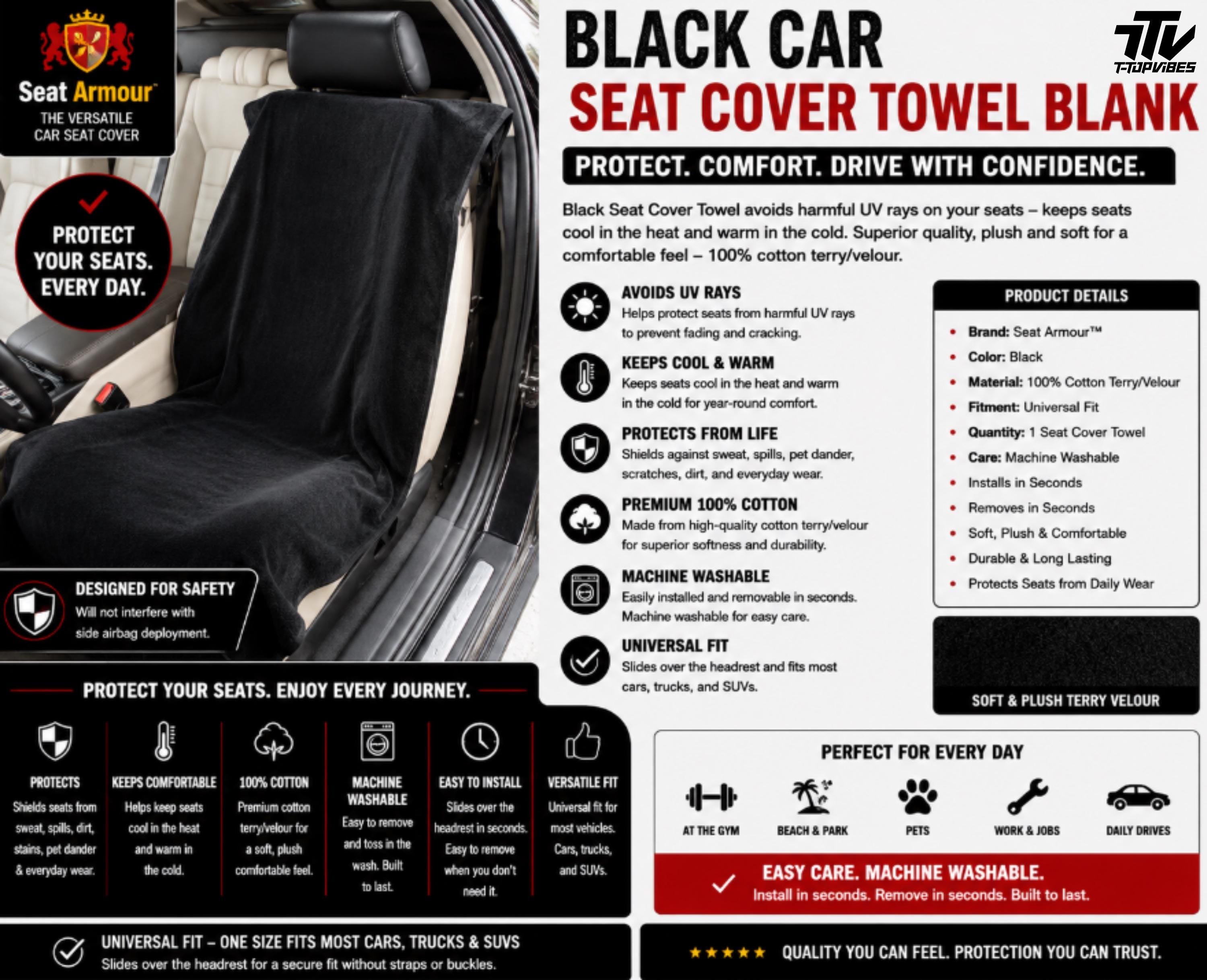 Seat Armour Black Cotton Terry Velour Car Seat Cover Towel | Universal Fit
