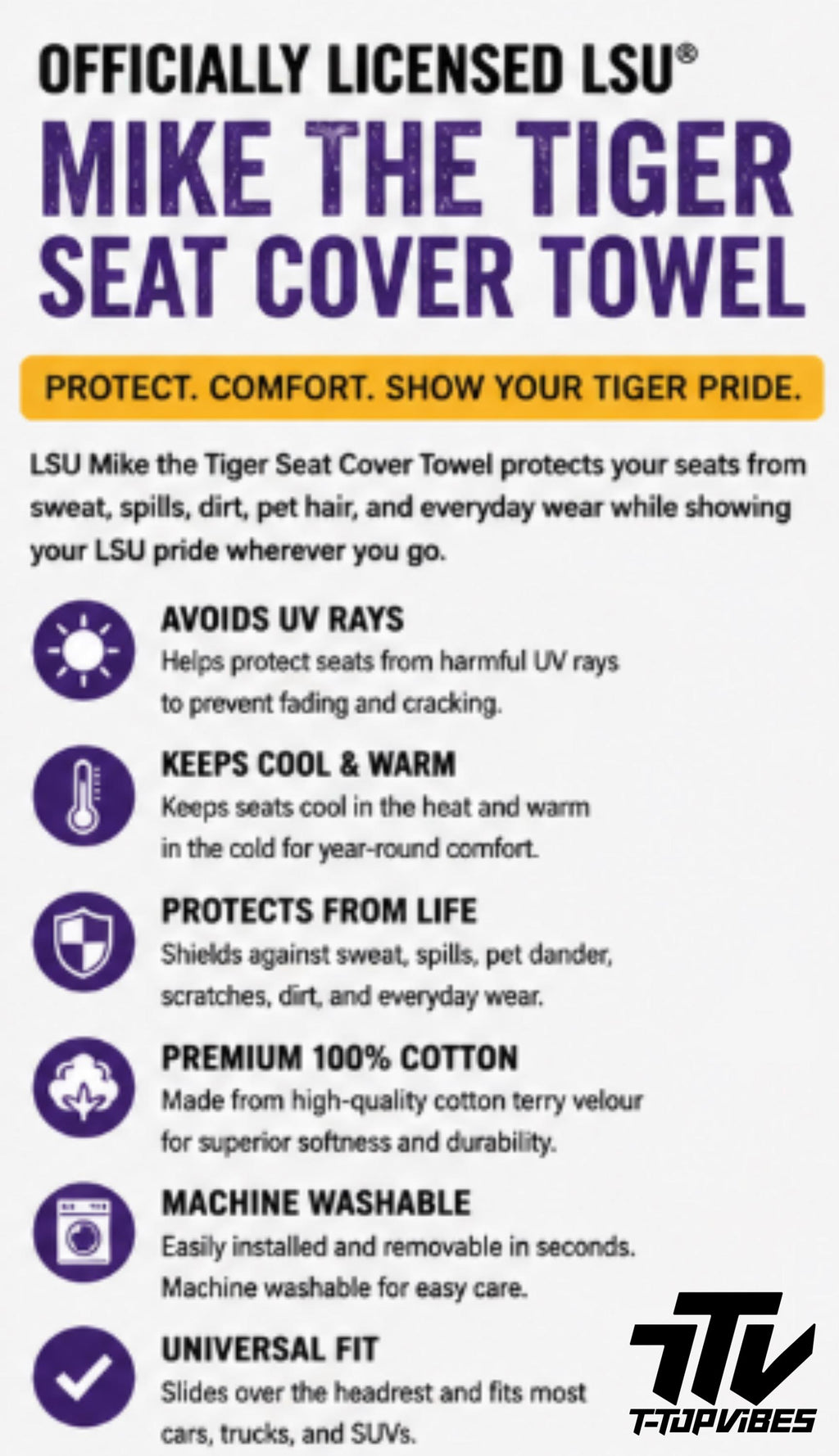 LSU Tigers Seat Cover Towel | 100% Cotton Terry Velour, Universal Fit