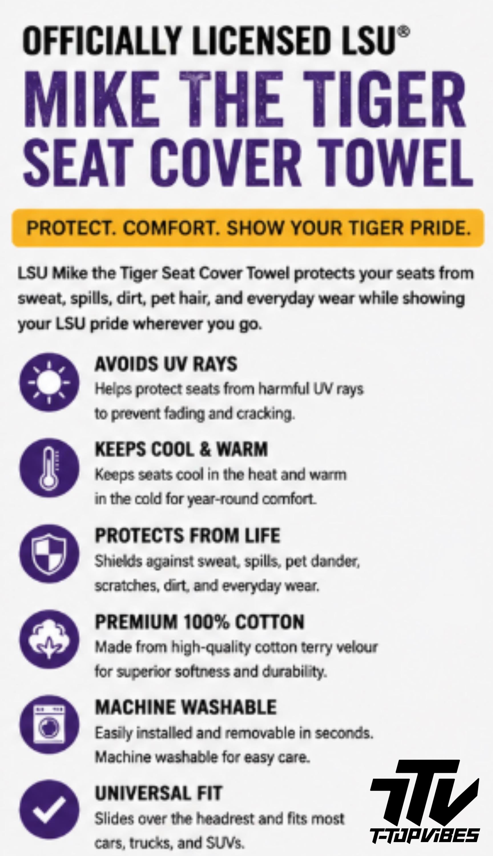 LSU Tigers Seat Cover Towel | 100% Cotton Terry Velour, Universal Fit
