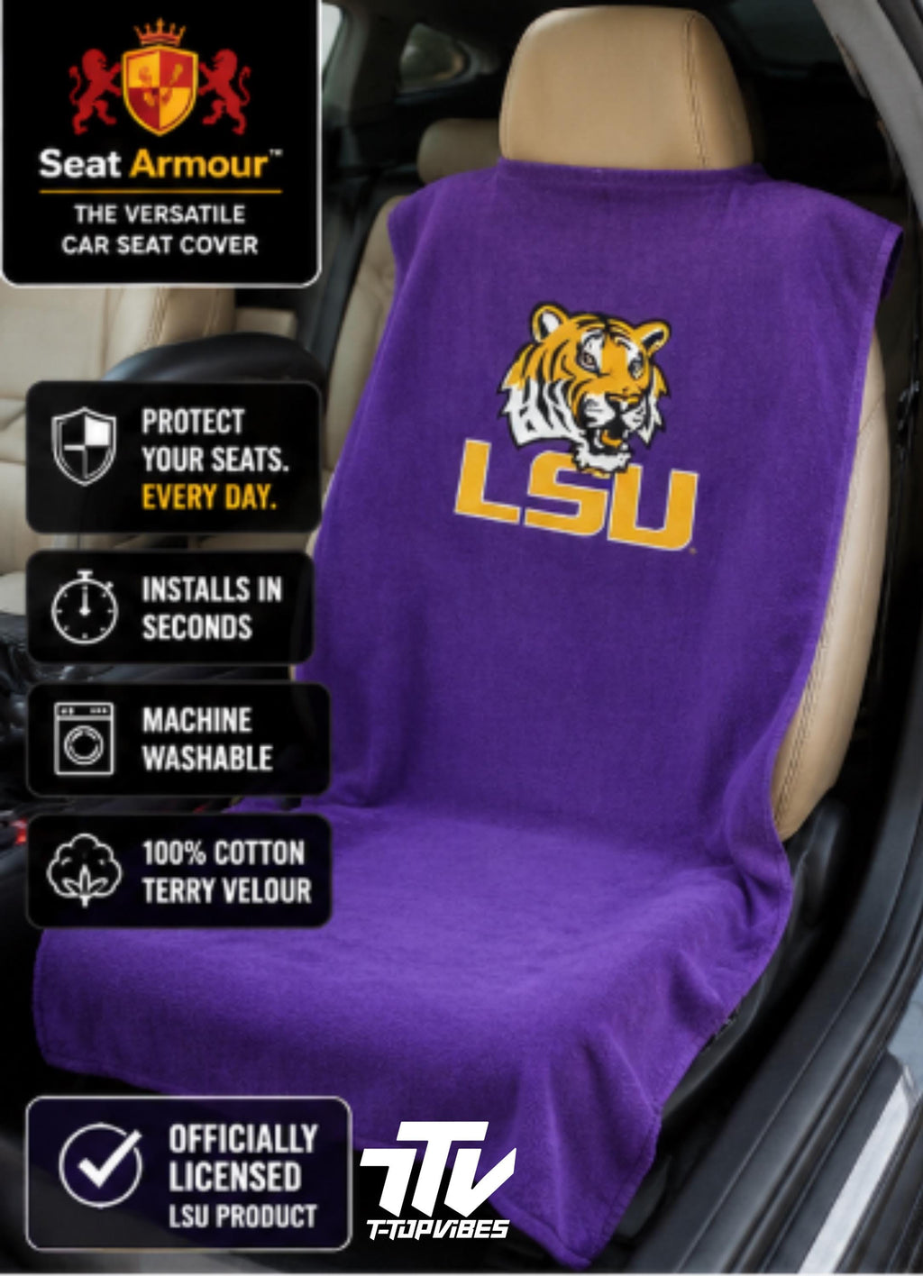 LSU Tigers Seat Cover Towel | 100% Cotton Terry Velour, Universal Fit