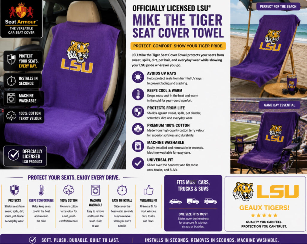 LSU Tigers Seat Cover Towel | 100% Cotton Terry Velour, Universal Fit