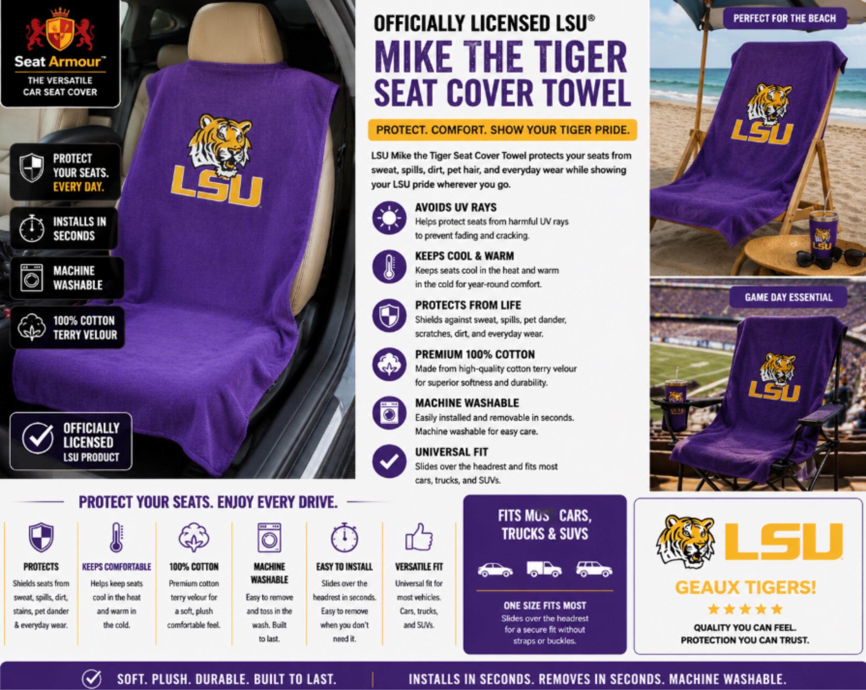LSU Tigers Seat Cover Towel | 100% Cotton Terry Velour, Universal Fit