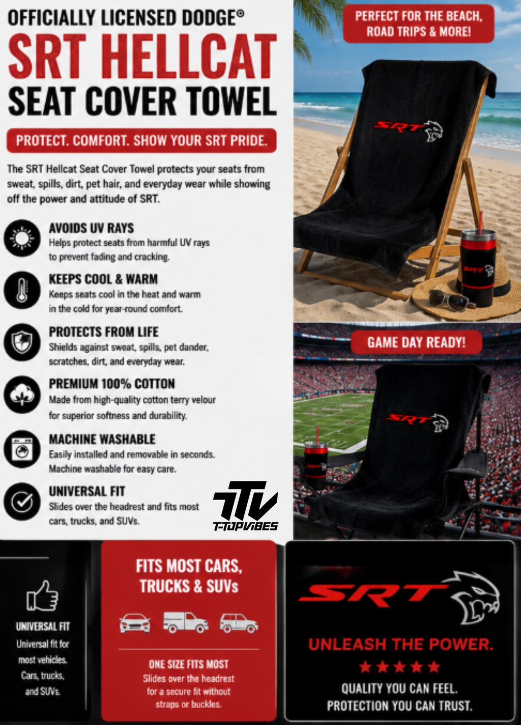 Officially Licensed Dodge SRT Hellcat Seat Cover Towel, Black Cotton Terry Velour