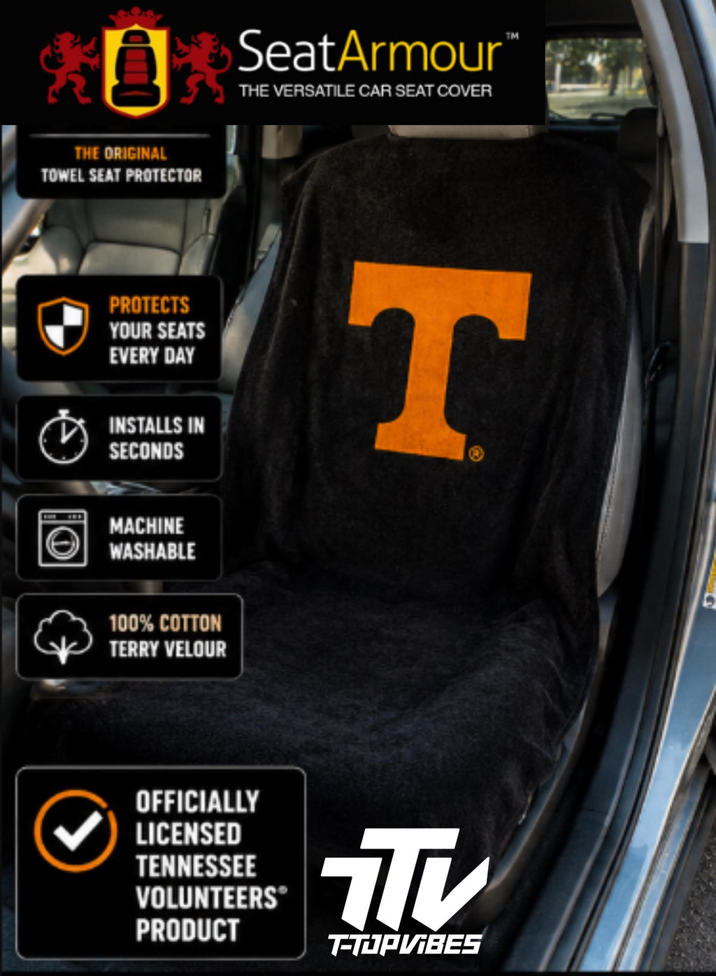 Tennessee Volunteers Seat Cover Towel | 100% Cotton Terry Velour Car Protector