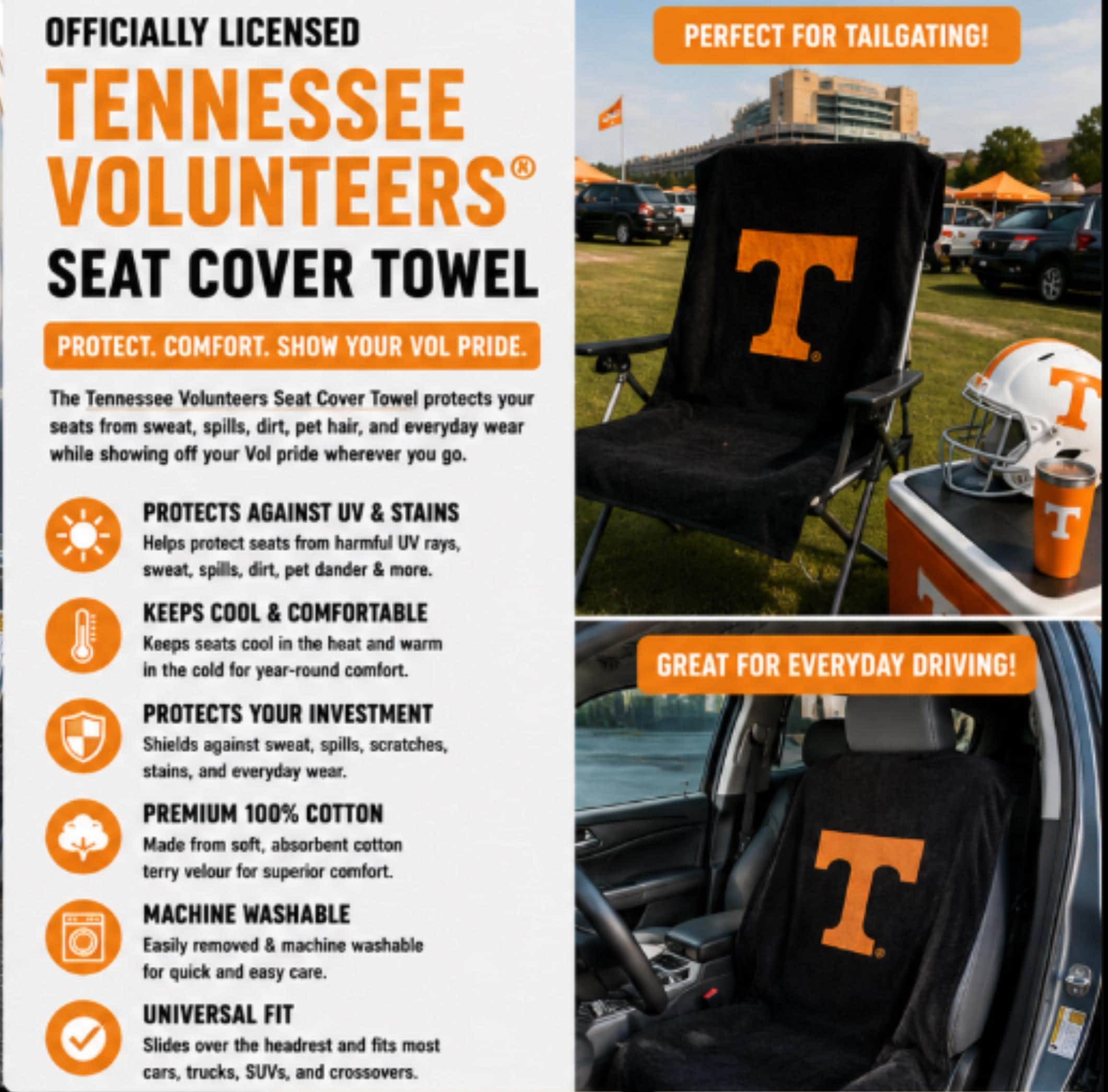Tennessee Volunteers Seat Cover Towel | 100% Cotton Terry Velour Car Protector