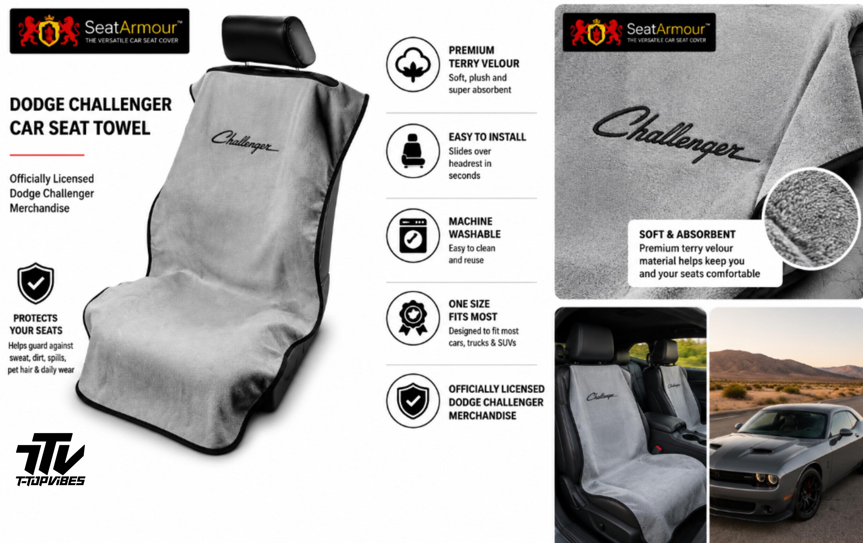 Dodge Challenger Seat Towel | Gray Cotton Terry Velour Car Seat Cover