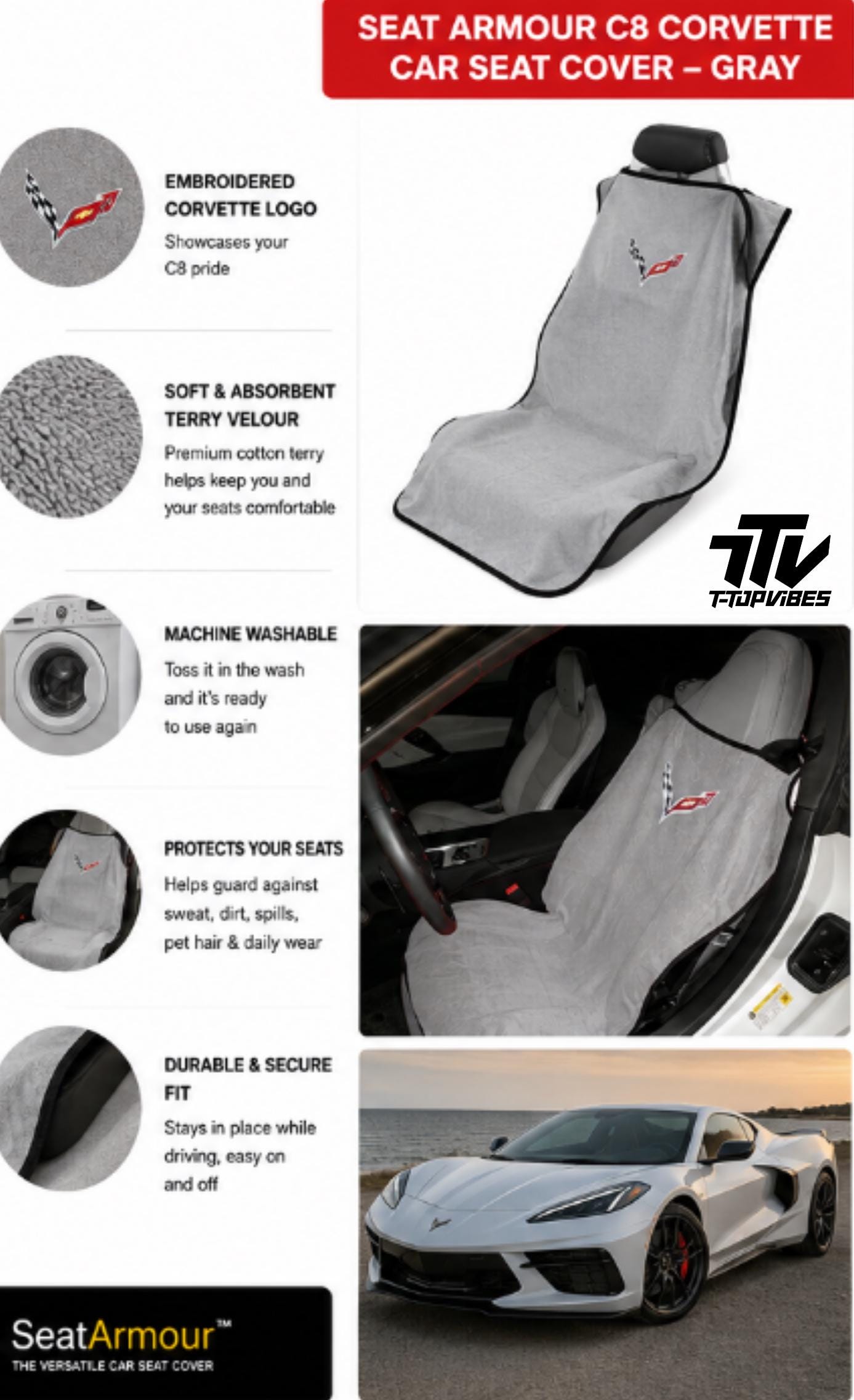 Officially Licensed C8 Corvette Seat Towel Protector | Gray Cotton Terry Velour