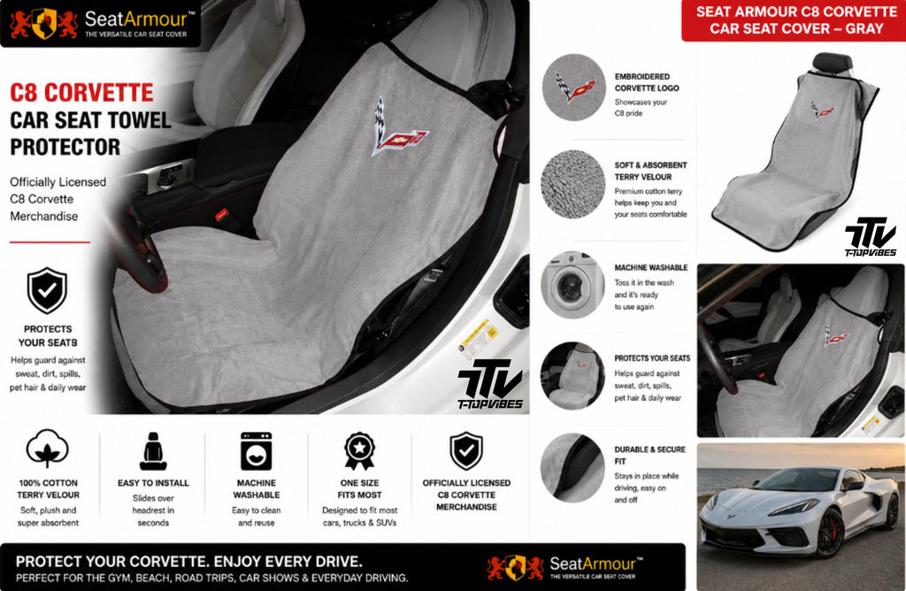 Officially Licensed C8 Corvette Seat Towel Protector | Gray Cotton Terry Velour