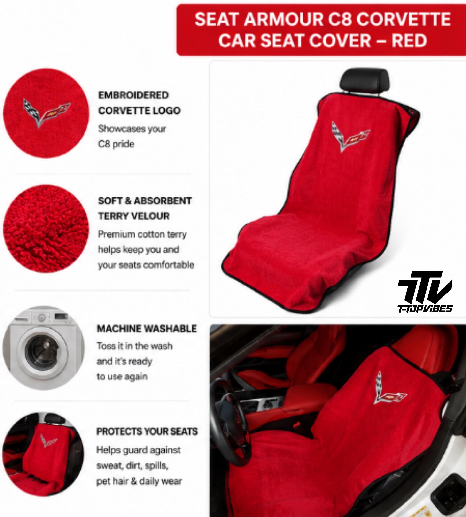 Officially Licensed C8 Corvette Red Seat Cover Towel | Cotton Terry Velour Protector