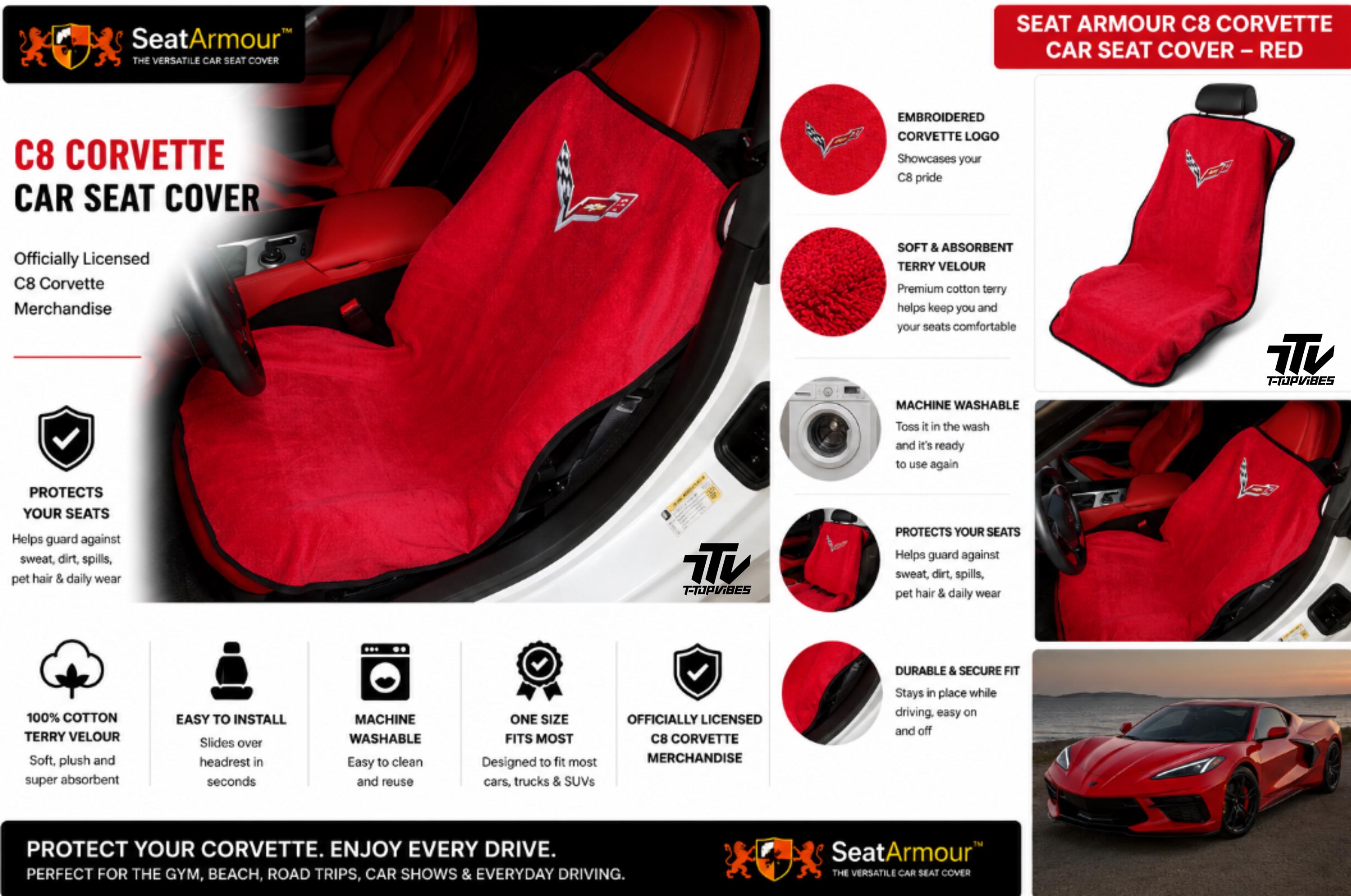 Officially Licensed C8 Corvette Red Seat Cover Towel | Cotton Terry Velour Protector