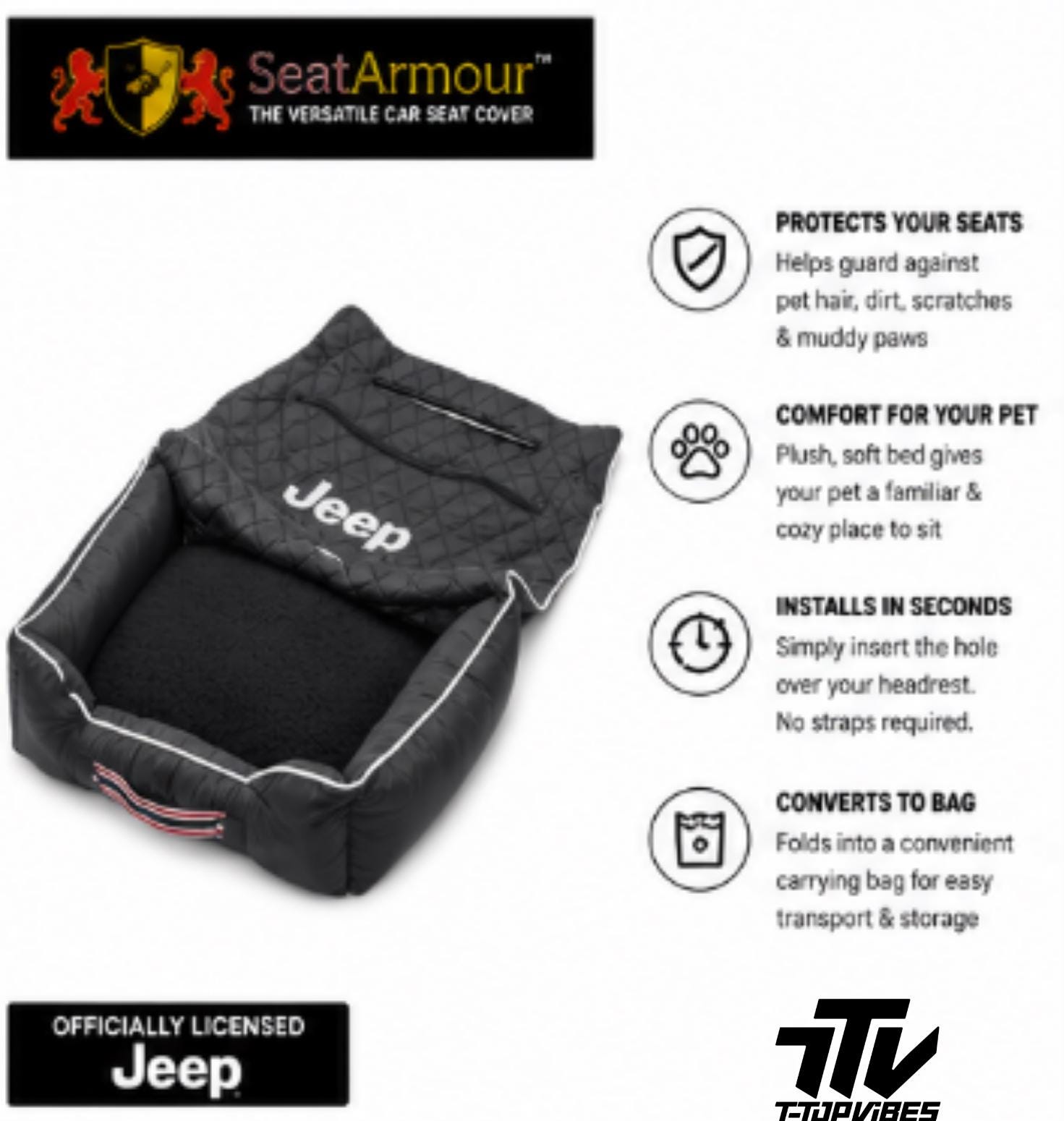 Officially Licensed Jeep Pet Travel Bed | Seat Armour Portable Dog Car Seat