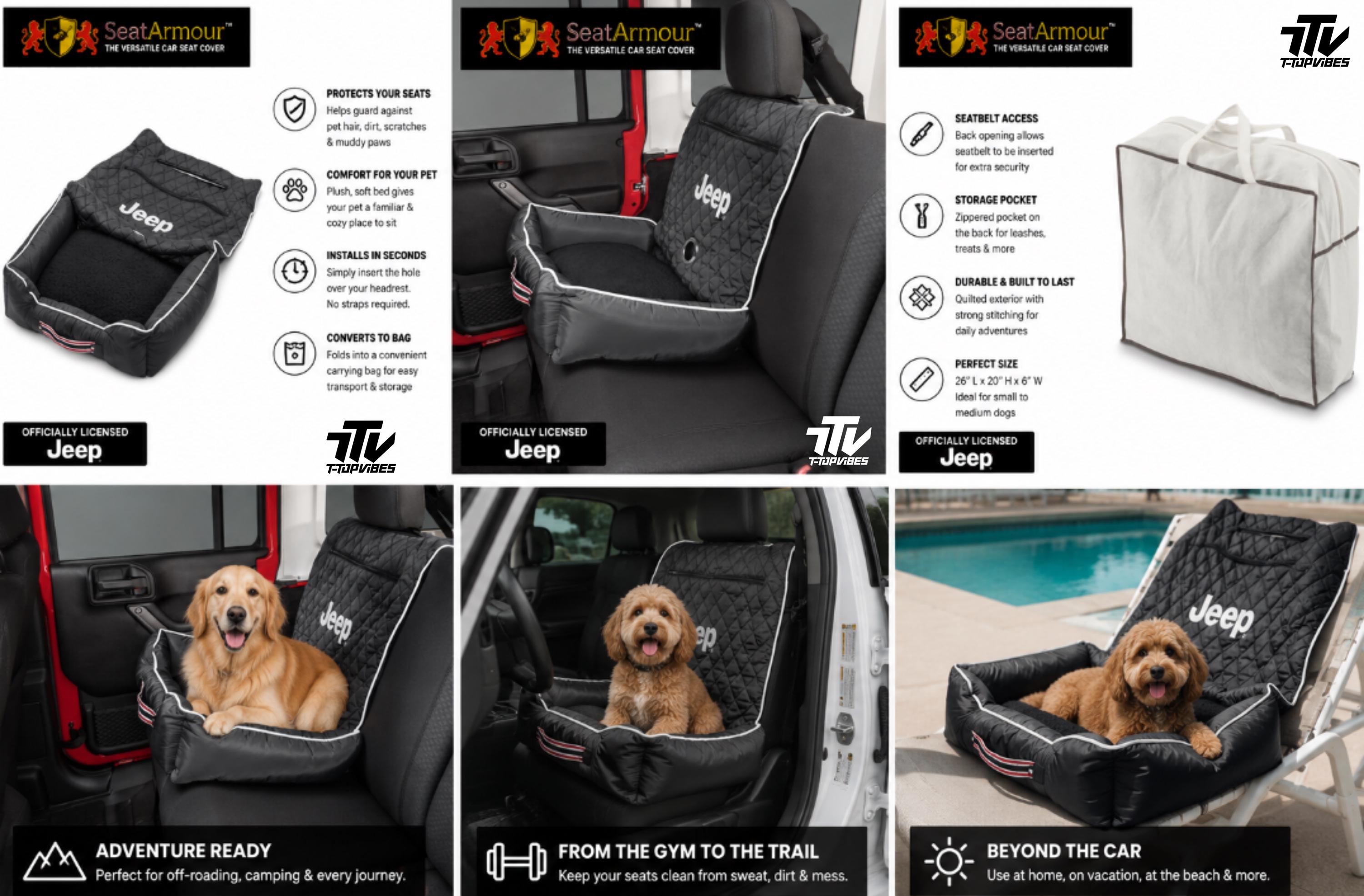 Officially Licensed Jeep Pet Travel Bed | Seat Armour Portable Dog Car Seat