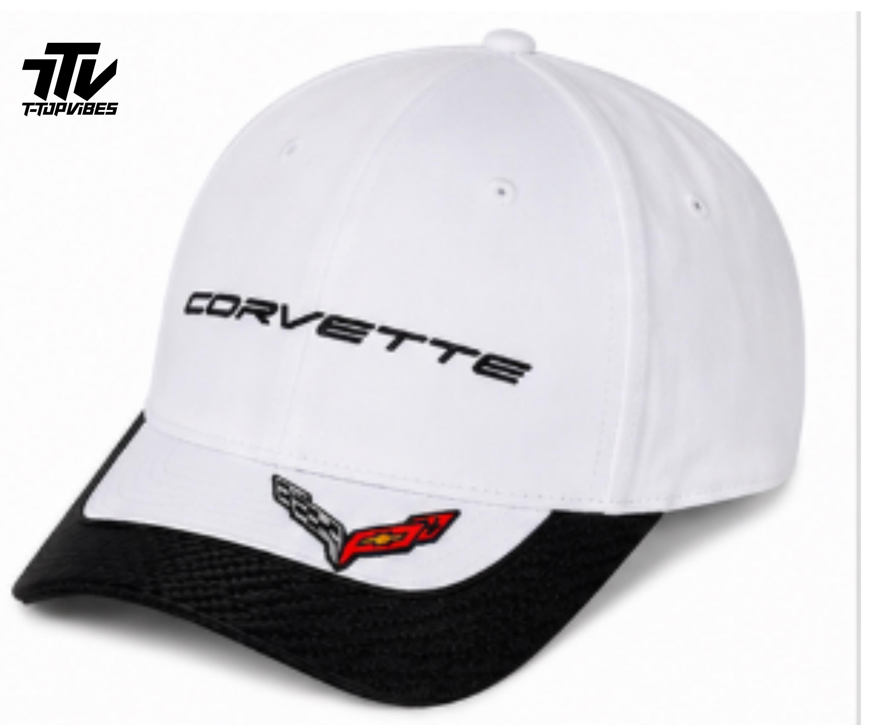 Corvette C8 Baseball Cap | White, Carbon-Look Bill, Crossed Flags Emblem