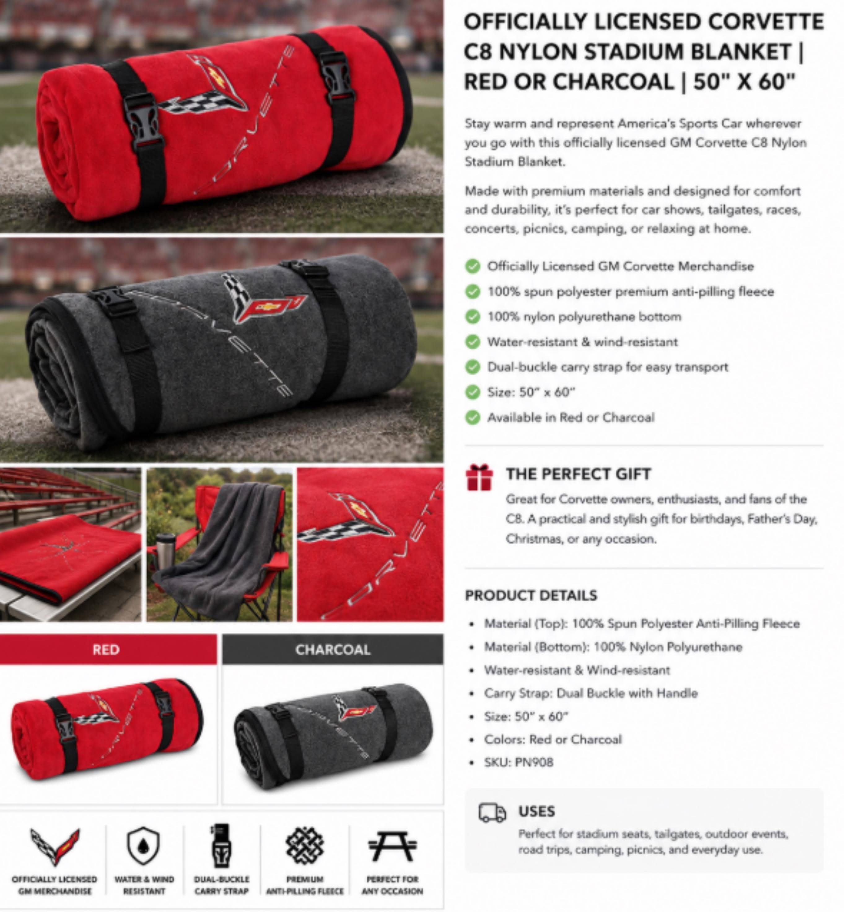 Officially Licensed Corvette C8 Stadium Blanket | Water-Resistant Outdoor Use