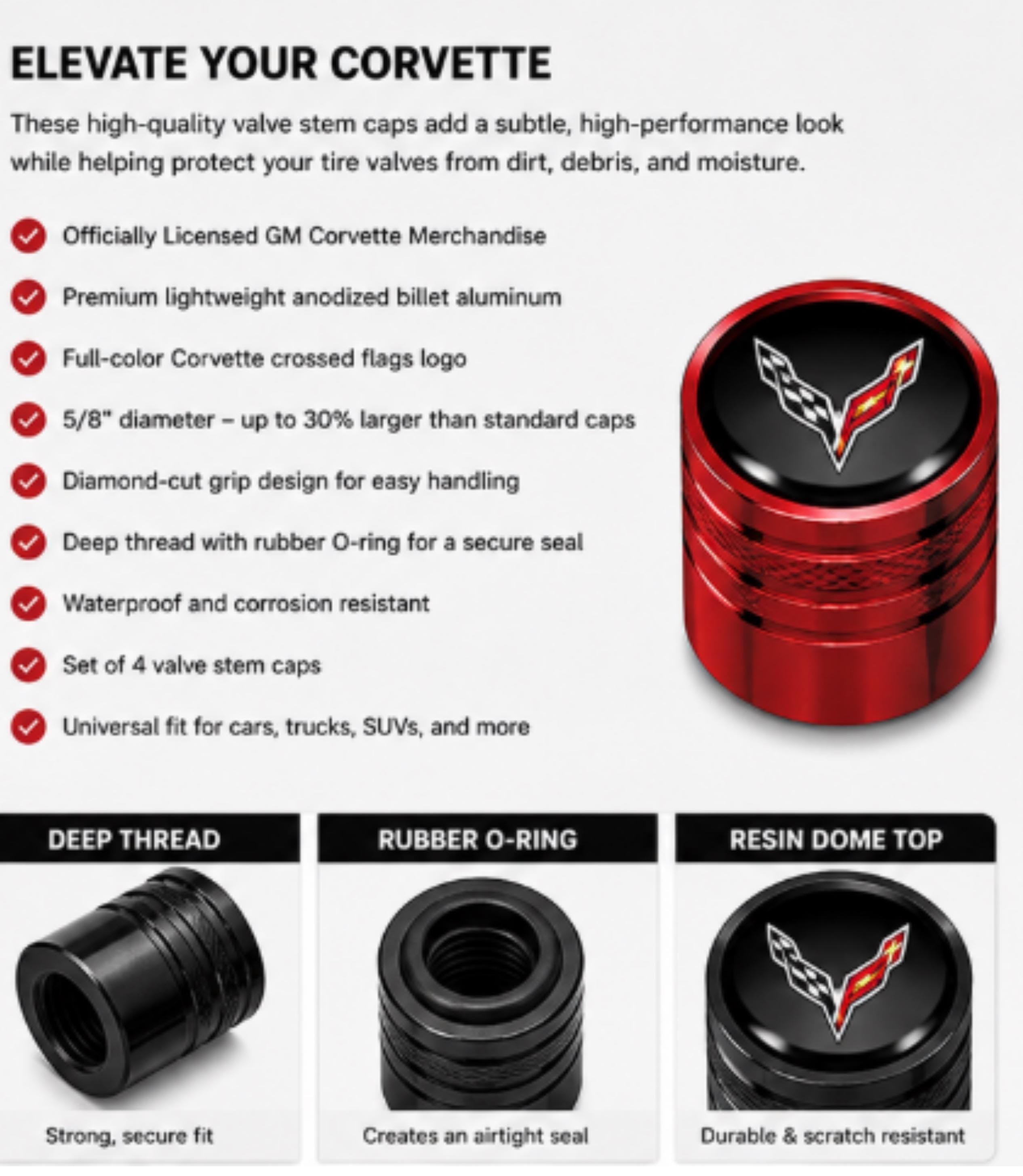 Officially Licensed C8 Corvette Billet Aluminum Valve Stem Caps (Set of 4)