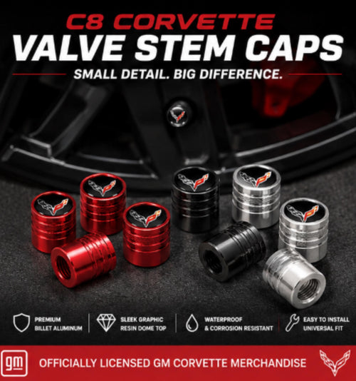 Officially Licensed C8 Corvette Billet Aluminum Valve Stem Caps (Set of 4)