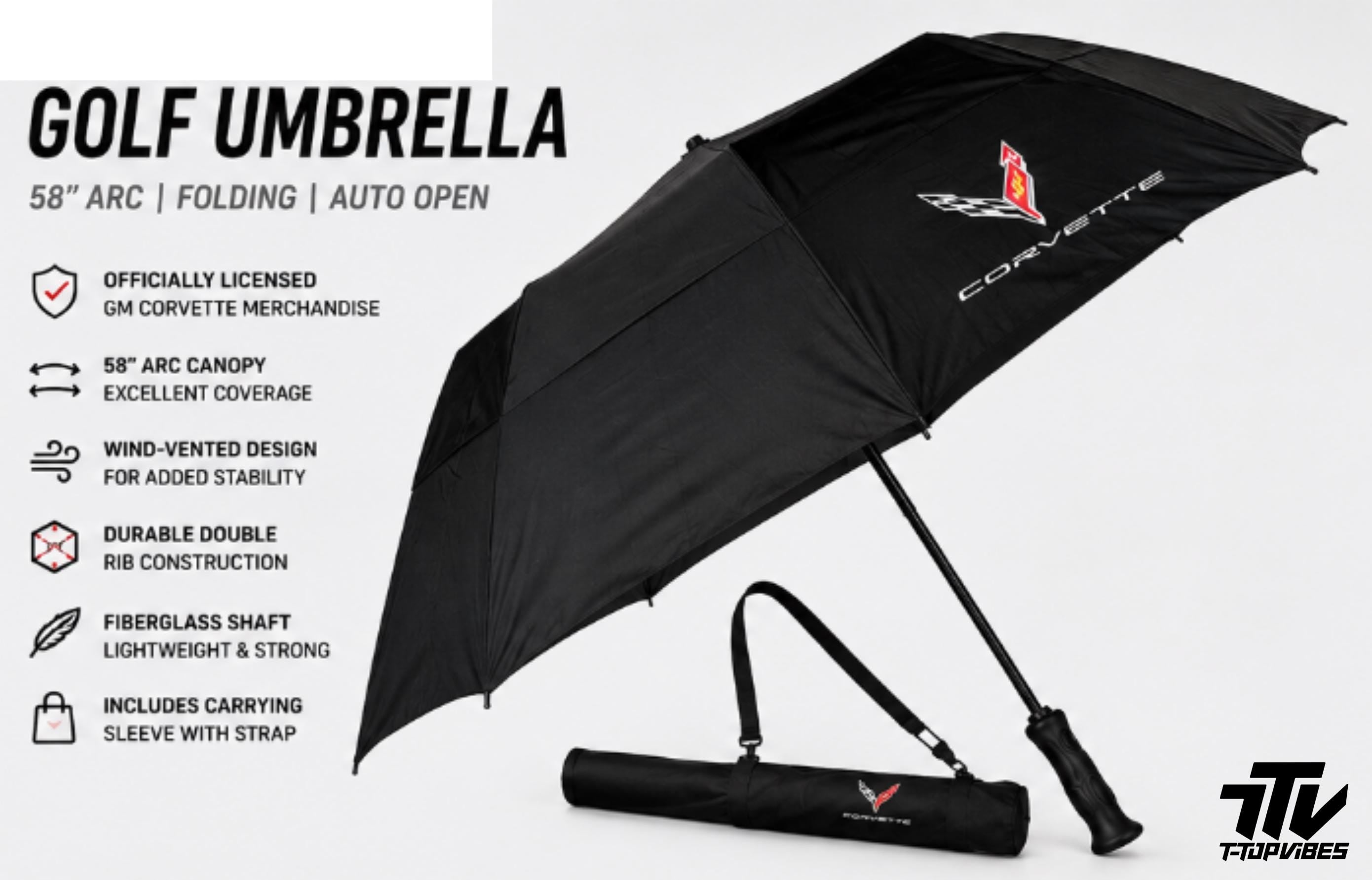 Officially Licensed C8 Corvette Golf Umbrella | 58" Auto Open Wind Vented Fiberglass Shaft