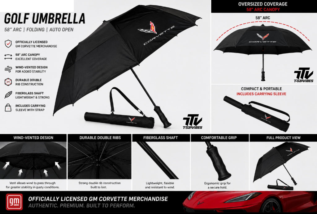 Officially Licensed C8 Corvette Golf Umbrella | 58" Auto Open Wind Vented Fiberglass Shaft