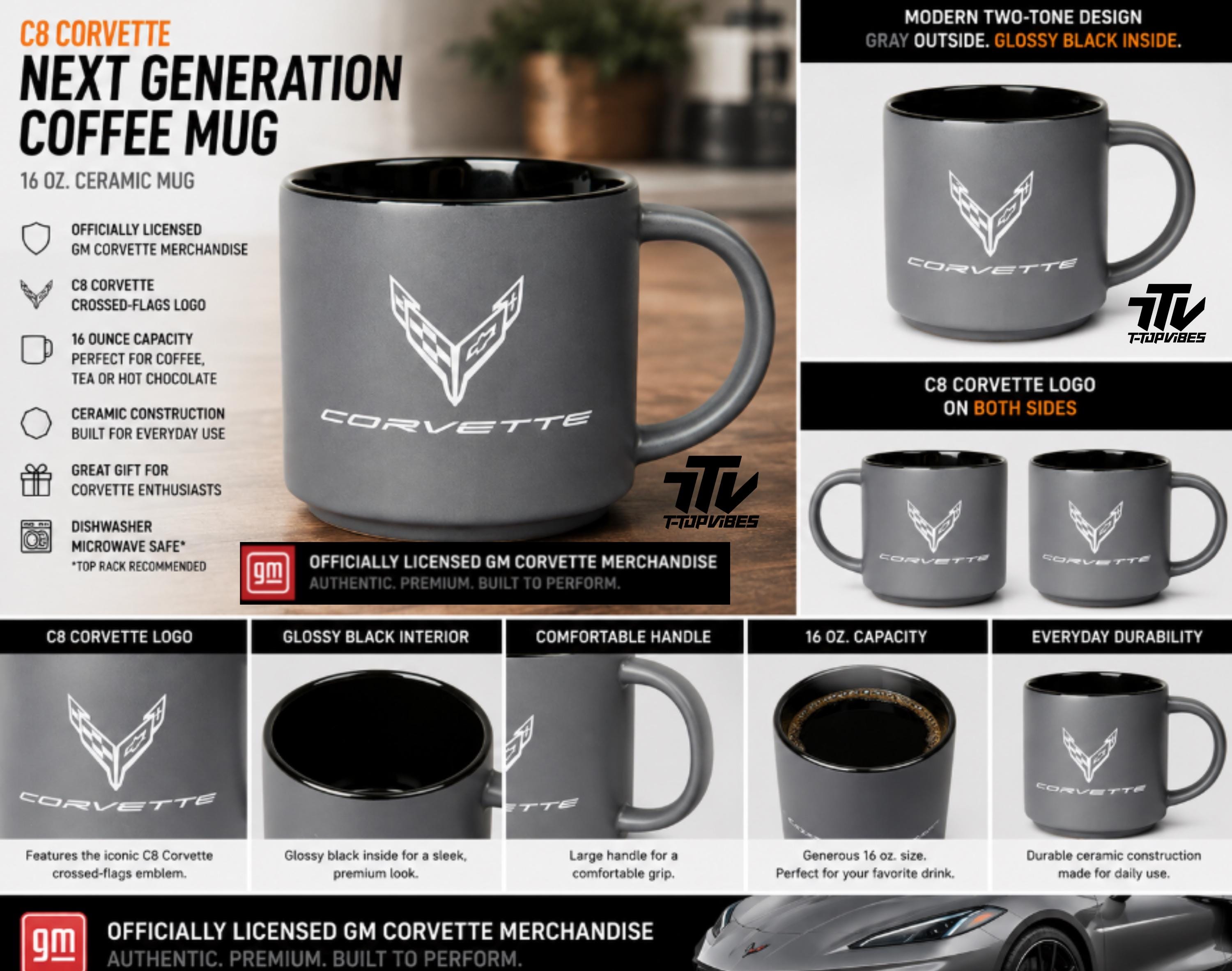 Officially Licensed C8 Corvette Coffee Mug | Gray Ceramic 16 oz Cup
