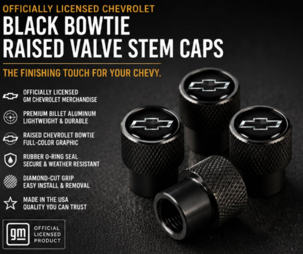 Officially Licensed Chevrolet Bowtie Valve Stem Caps | Black Billet Aluminum (Set of 4)
