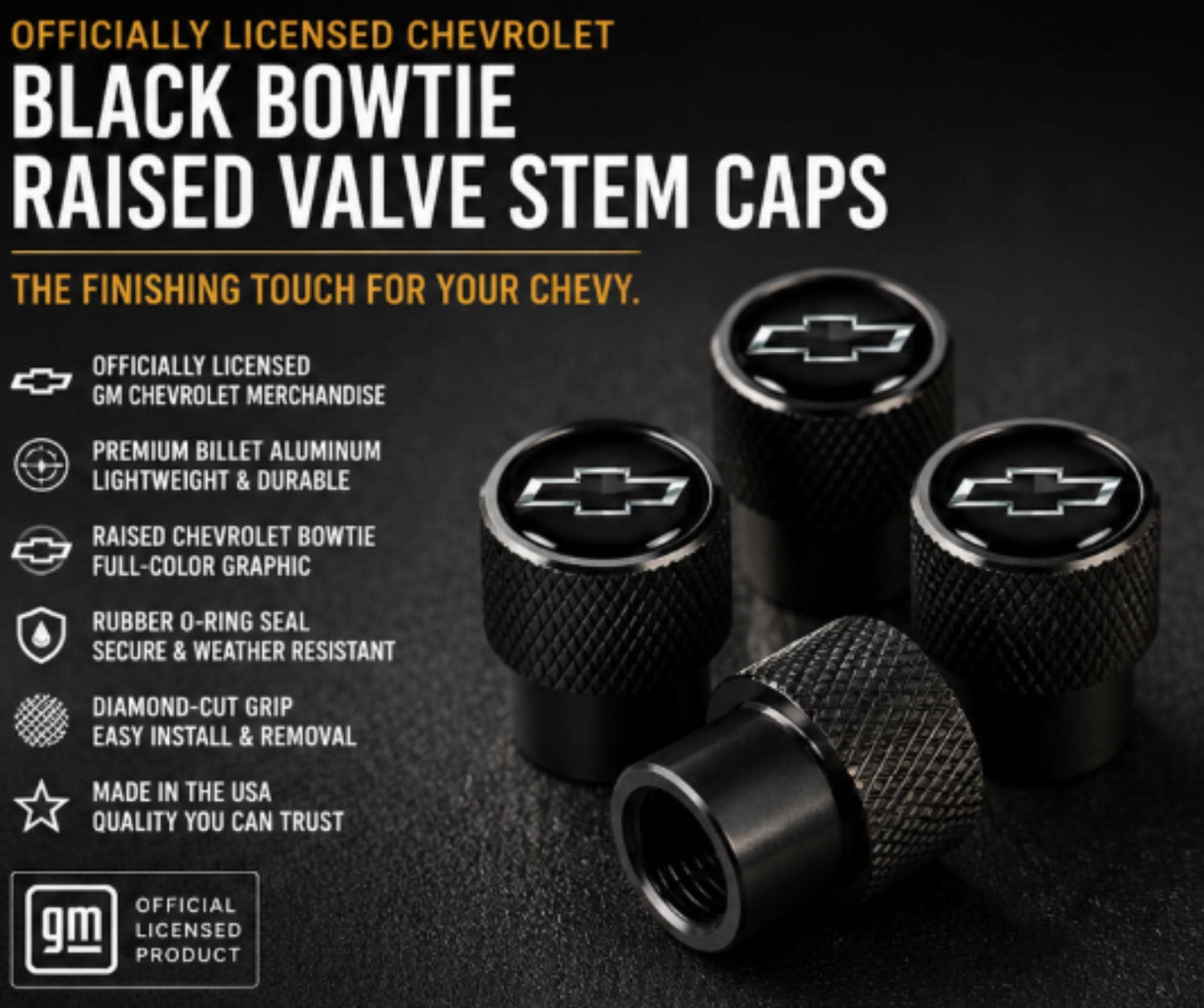 Officially Licensed Chevrolet Bowtie Valve Stem Caps | Black Billet Aluminum (Set of 4)