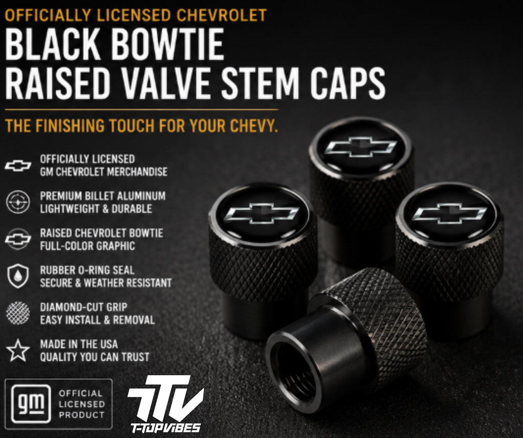 Officially Licensed Chevrolet Bowtie Valve Stem Caps | Black Billet Aluminum (Set of 4)