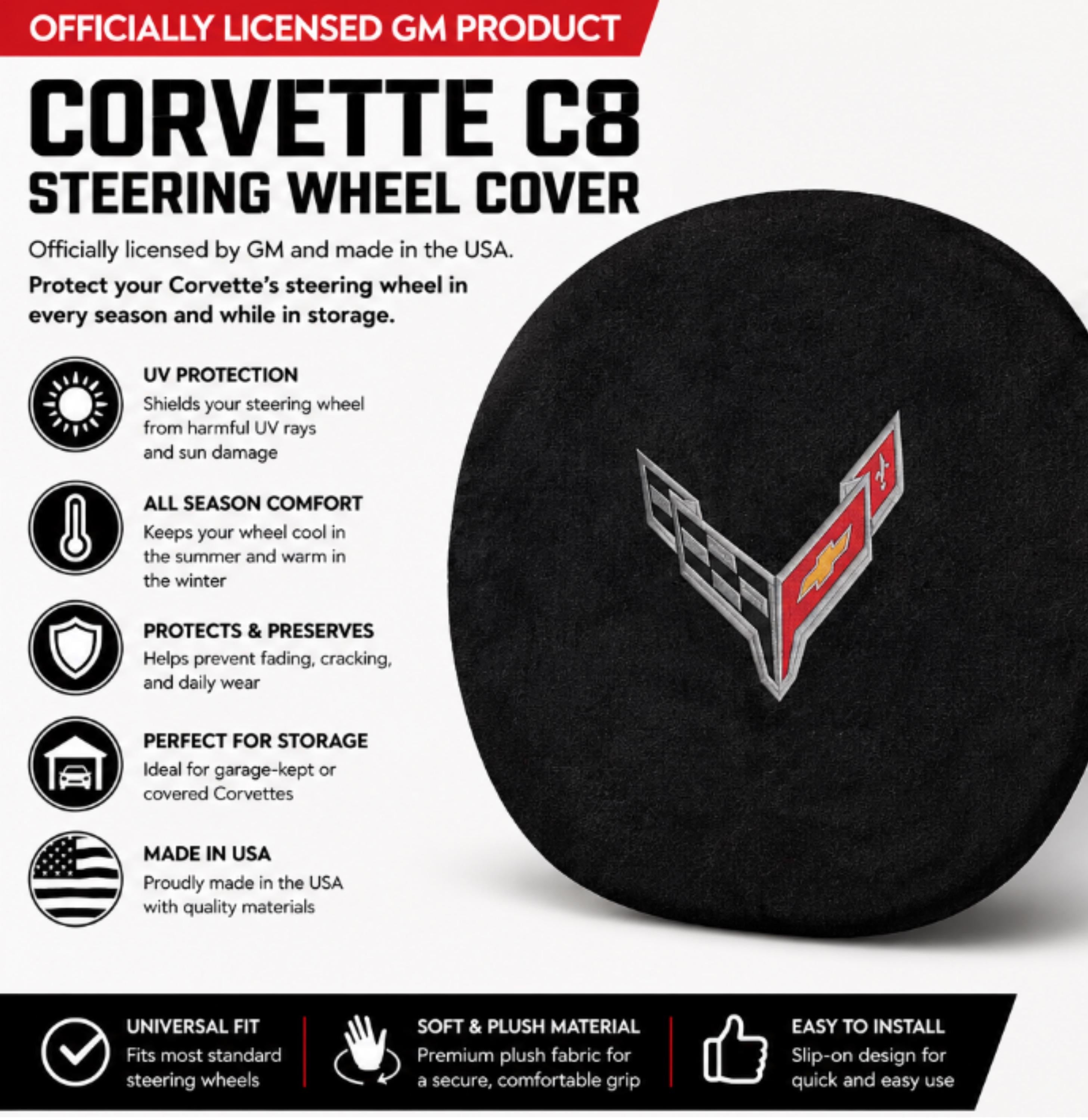 C8 Corvette Steering Wheel Cover | Black Terry Velour, Embroidered Logo