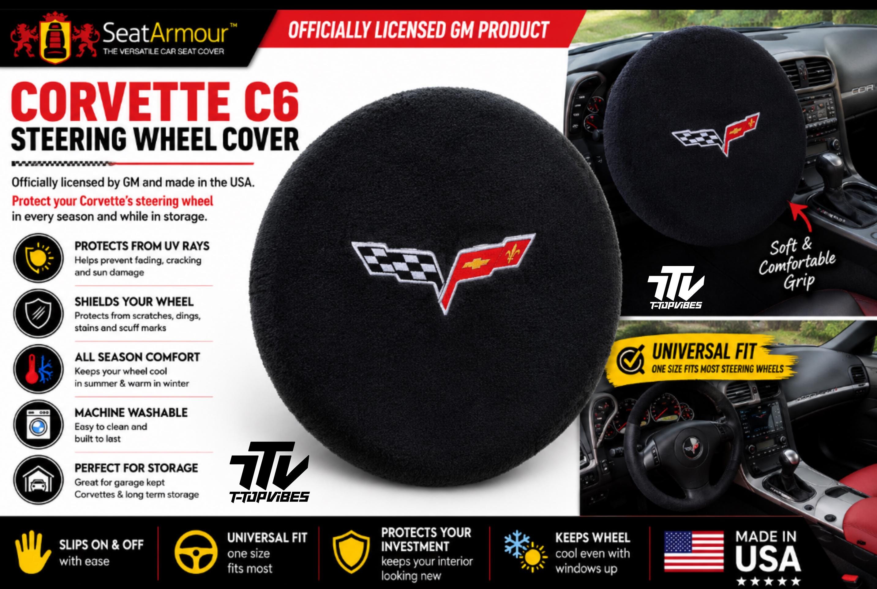 Corvette C6 Steering Wheel Cover | Officially Licensed GM Plush Protector Made USA