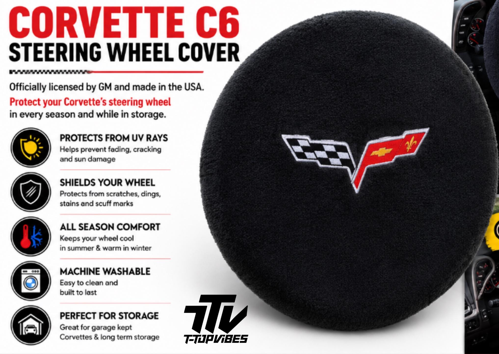 Corvette C6 Steering Wheel Cover | Officially Licensed GM Plush Protector Made USA