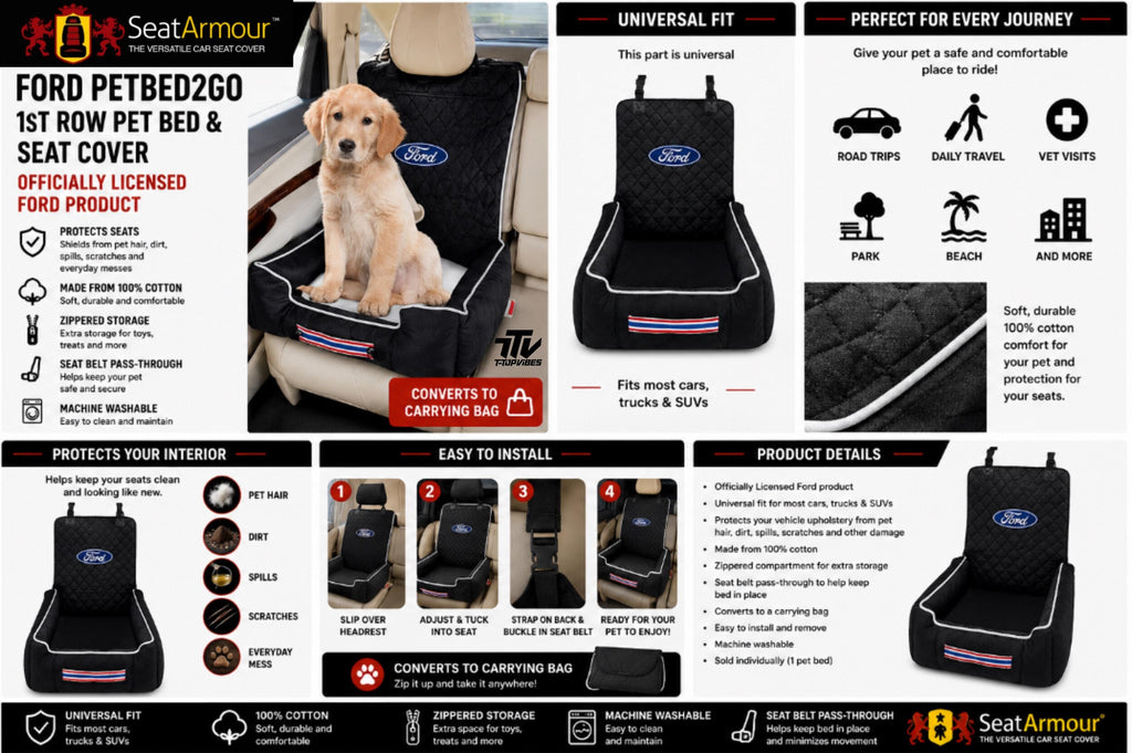 Officially Licensed Ford Pet Car Seat Bed & Cover | Universal Dog Travel Protection