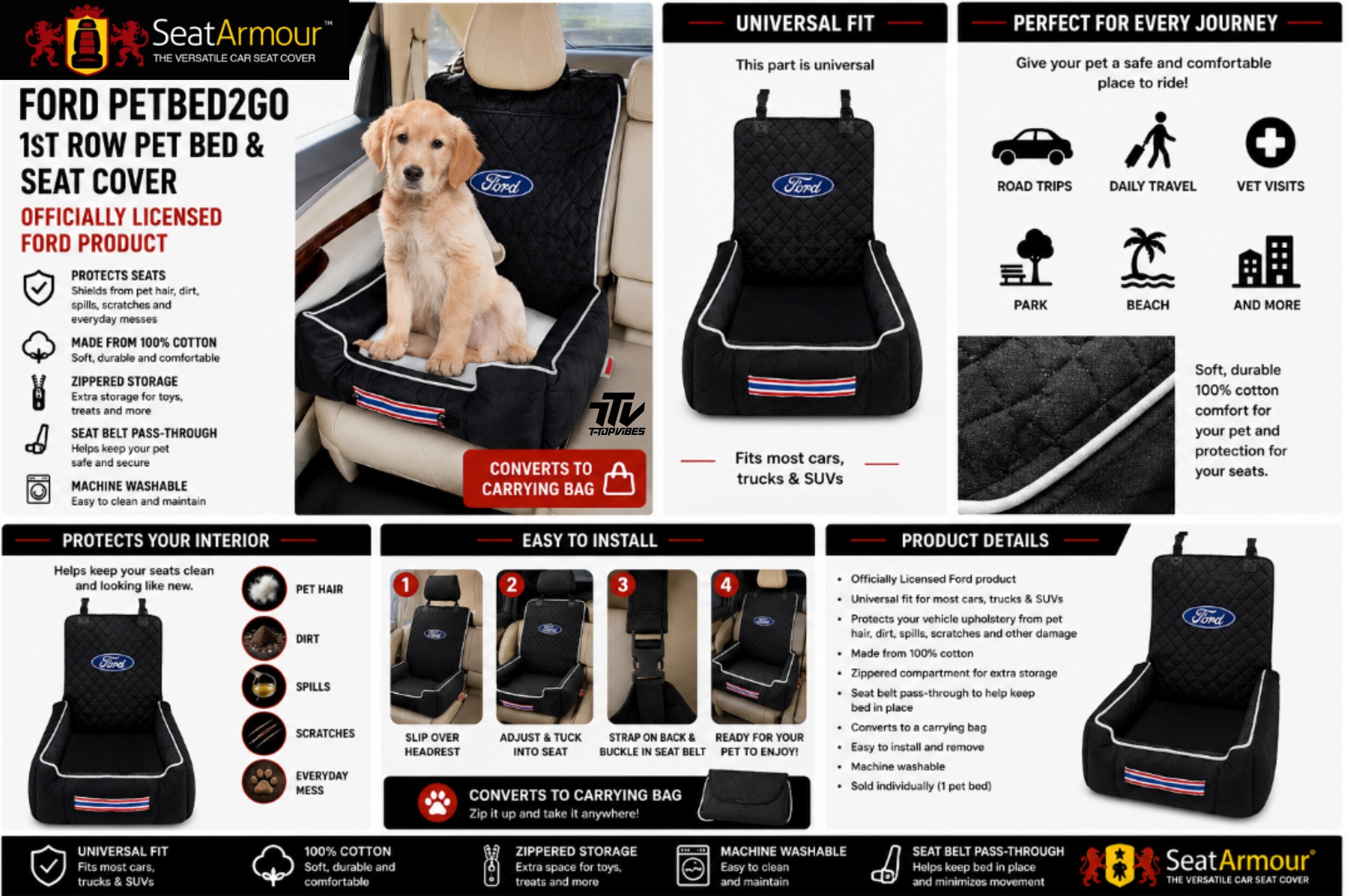 Officially Licensed Ford Pet Car Seat Bed & Cover | Universal Dog Travel Protection