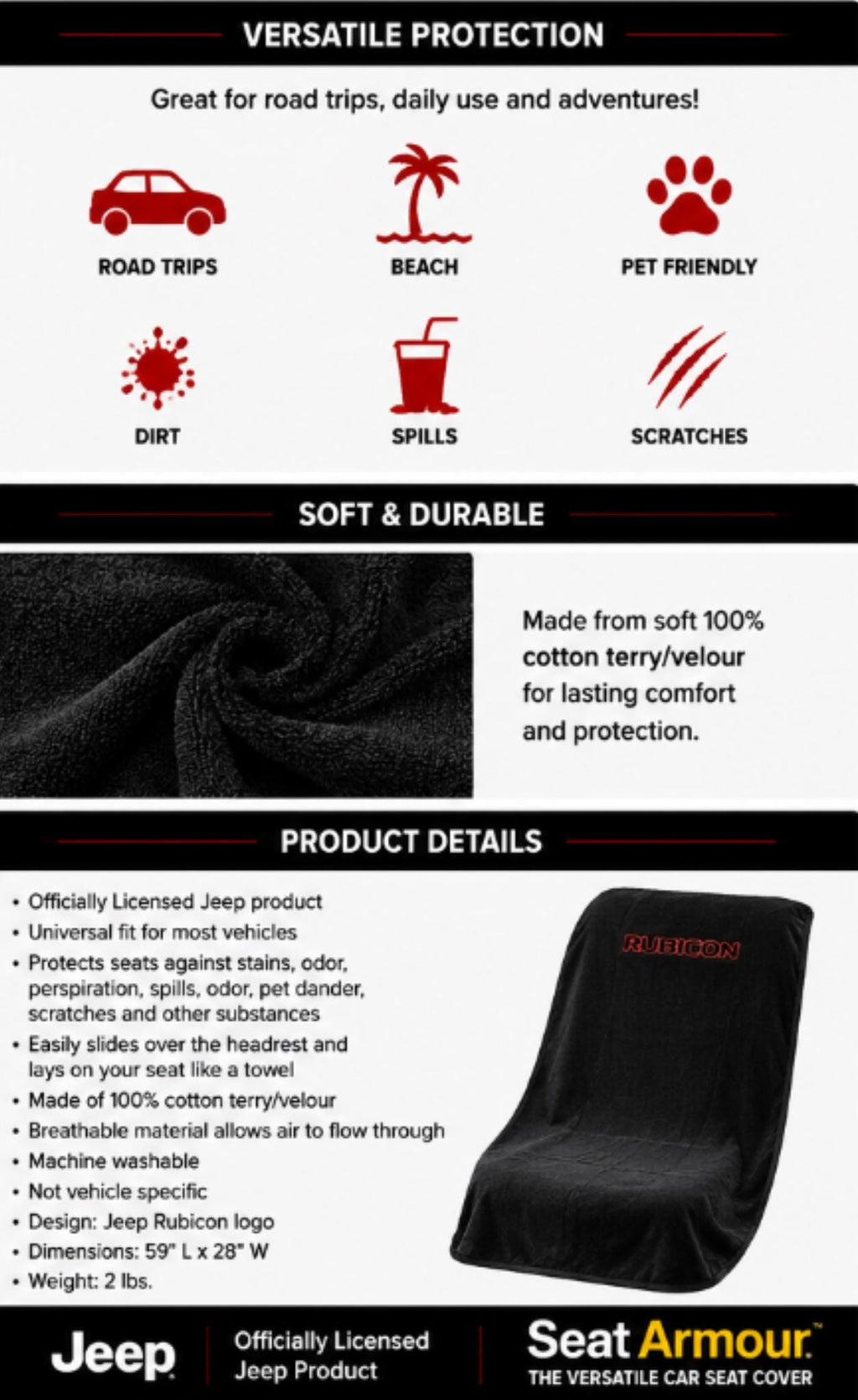 Officially Licensed Jeep Wrangler Rubicon Seat Cover | 100% Cotton Terry Velour Protection