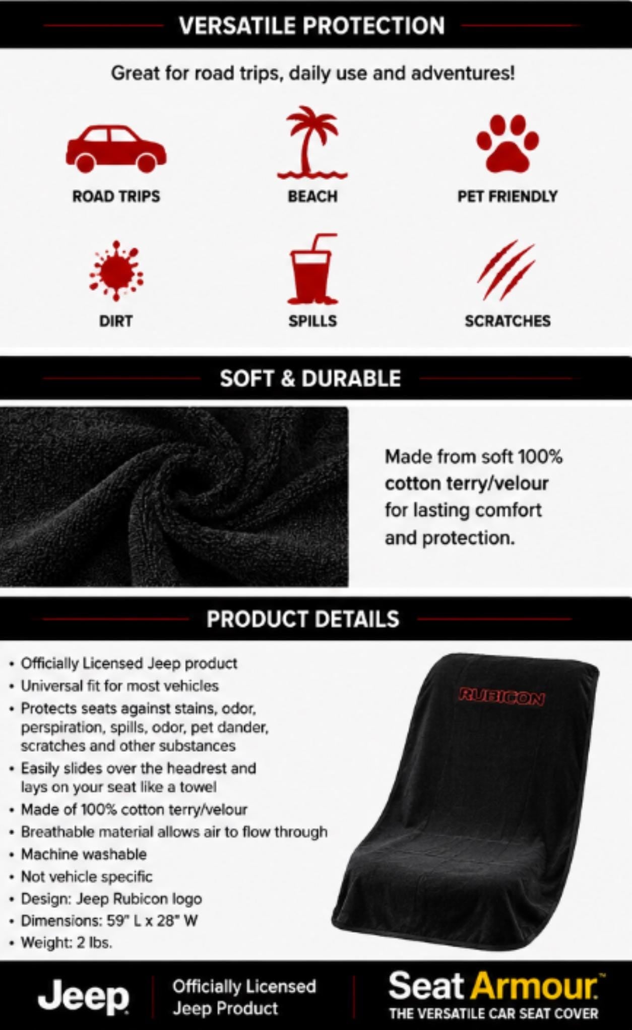 Officially Licensed Jeep Wrangler Rubicon Seat Cover | 100% Cotton Terry Velour Protection