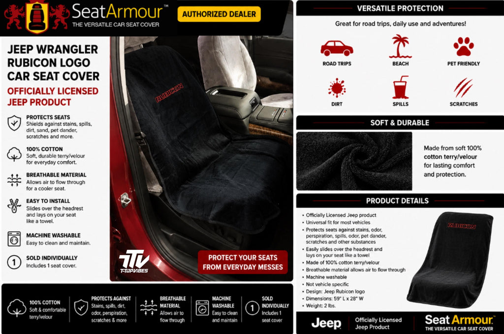 Officially Licensed Jeep Wrangler Rubicon Seat Cover | 100% Cotton Terry Velour Protection