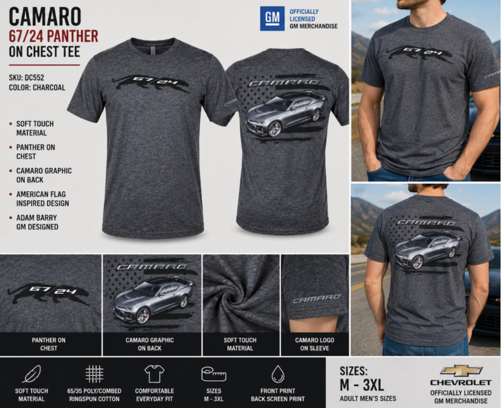 Officially Licensed Camaro T-Shirt | 67/24 Panther Graphic Tee | Charcoal Heather Muscle Car