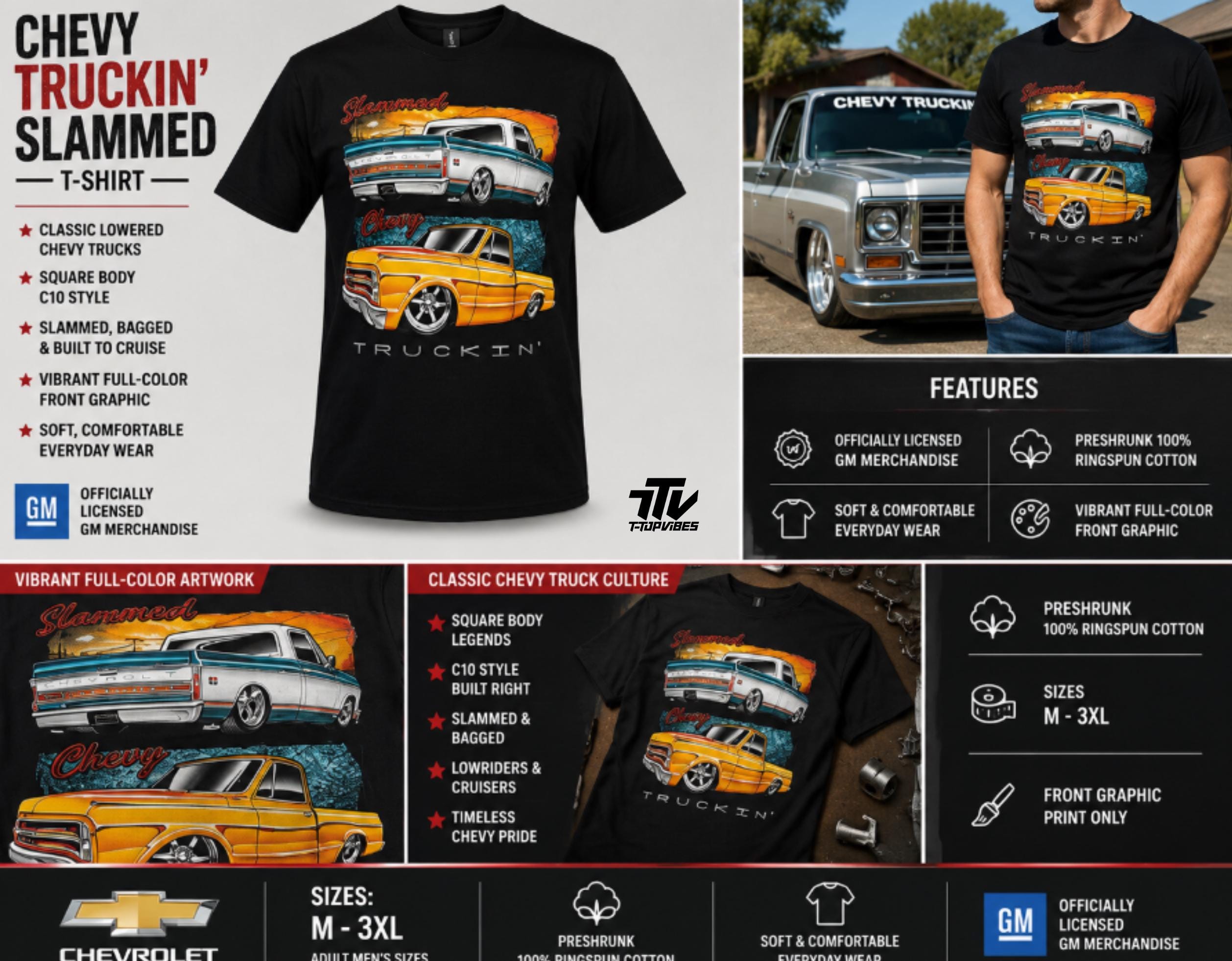 Chevy Truckin' Slammed T-Shirt | Officially Licensed GM C10 Square Body Tee