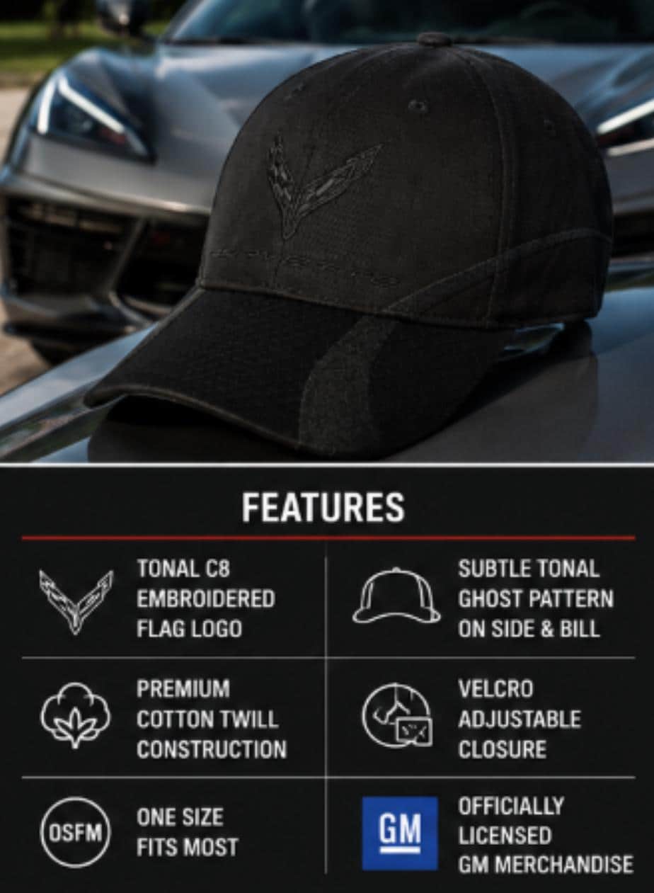 C8 Corvette Tonal Ghost Cap | Black Cotton Twill Baseball Hat (OSFM)