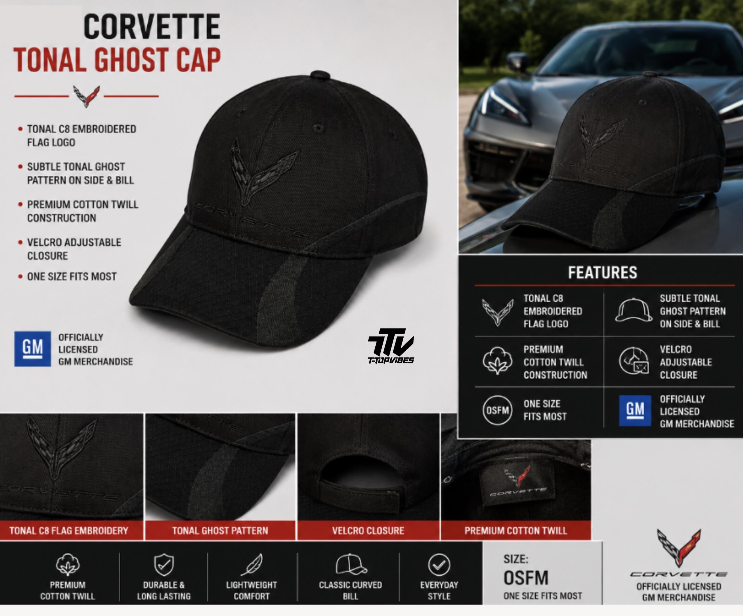C8 Corvette Tonal Ghost Cap | Black Cotton Twill Baseball Hat (OSFM)