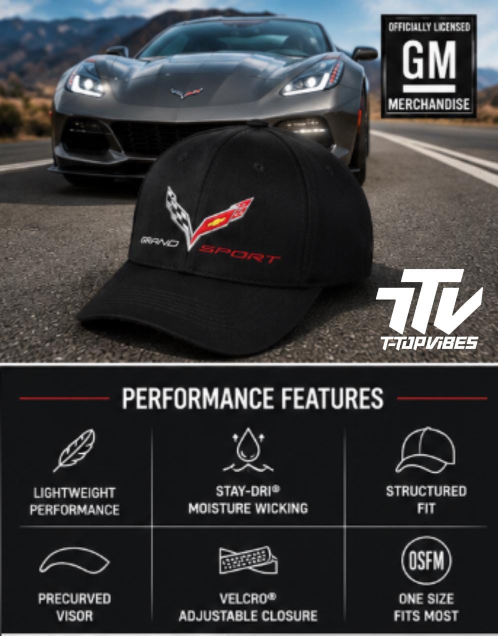 C7 Corvette Grand Sport Performance Cap | Embroidered Chevrolet Racing Stripes, Black Baseball Hat