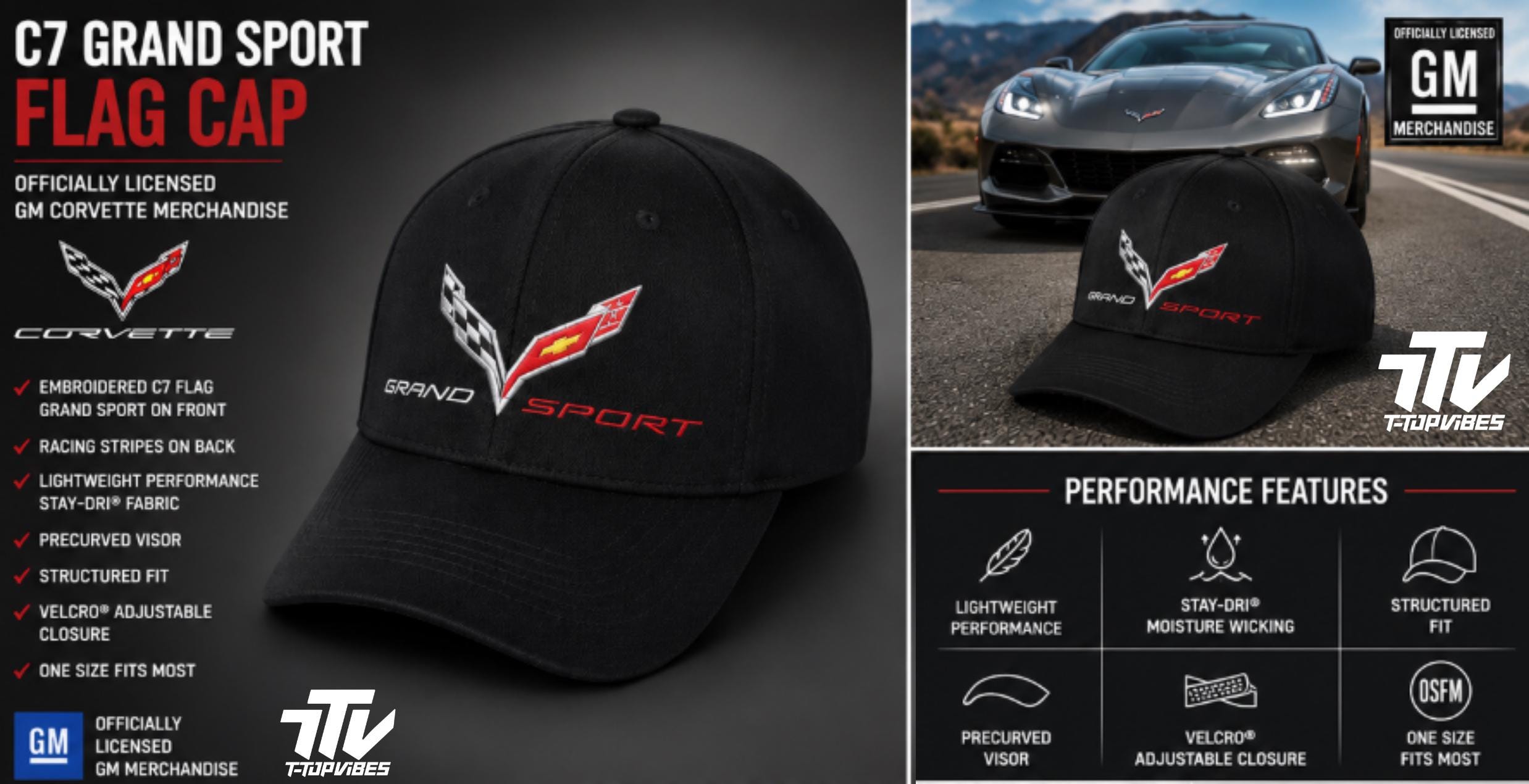 C7 Corvette Grand Sport Performance Cap | Embroidered Chevrolet Racing Stripes, Black Baseball Hat