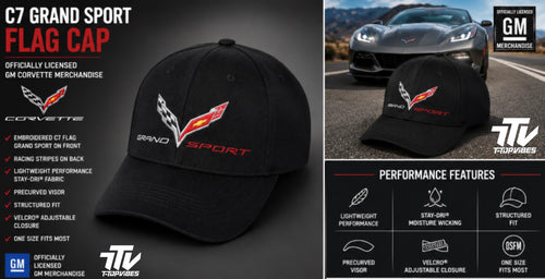 C7 Corvette Grand Sport Performance Cap | Embroidered Chevrolet Racing Stripes, Black Baseball Hat