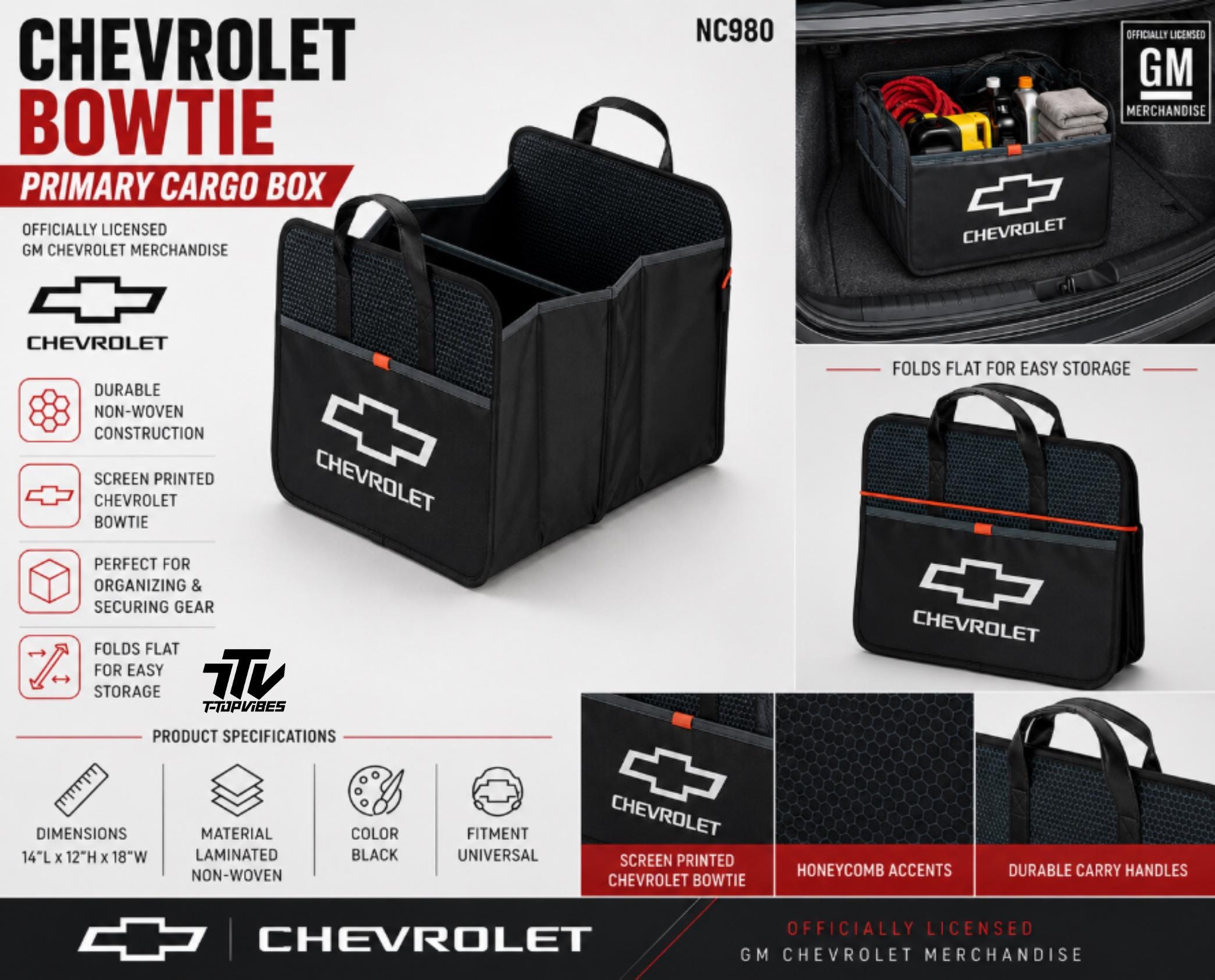 Chevrolet Bowtie Primary Cargo Box | Officially Licensed GM Trunk Organizer | Foldable Cargo Storage Bin