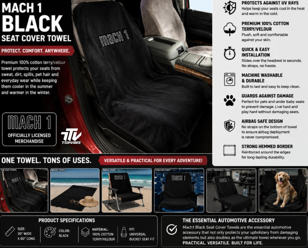 Mach 1 Seat Cover Towel | Black Universal Car Seat Protector | 100% Cotton Terry Velour