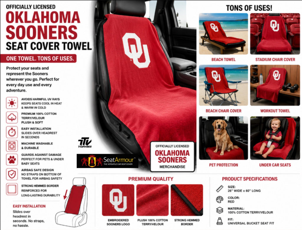 Oklahoma Sooners Seat Cover Towel | Officially Licensed Cotton Terry Velour Car Protector