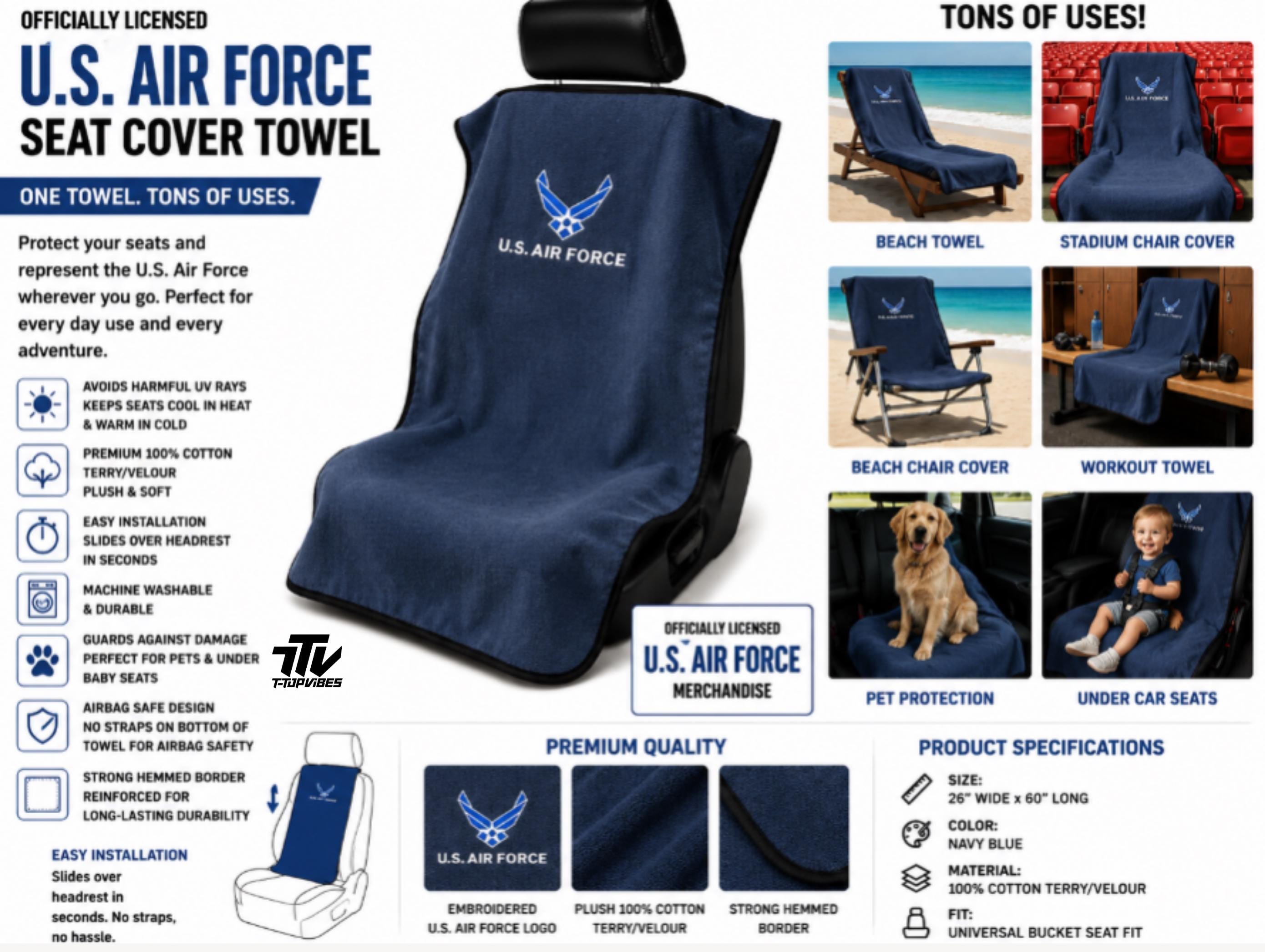 Officially Licensed U.S. Air Force Seat Cover Towel | 100% Cotton Terry Velour Bucket Seat