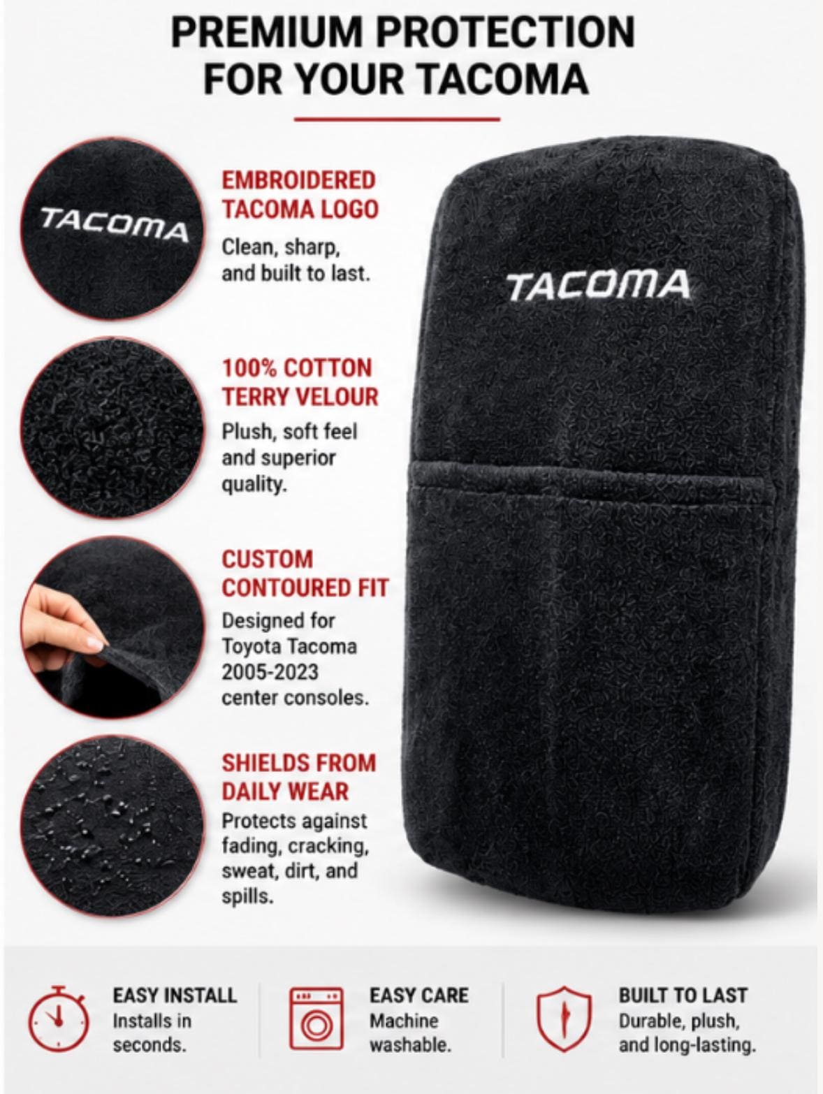 Toyota Tacoma Console Cover | 2005-2023 Cotton Terry Velour Armrest Protector